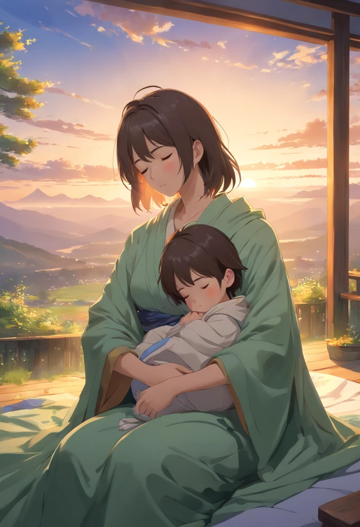 High quality, 8K Ultra HD, summer sky, detailed clouds, setting sun, country road,. Scenery, with a dirt road in the background, mountains with snowy peaks.
View of a beautiful YOUNG woman holding a sleeping boy in her arms.
The woman is clad in a blue cloak, her hair partly shielded by a shawl that covers her head and shoulders. Her gaze is full of care and love towards the child she is holding. 
The , dressed in a light-coloured shirt and partially wrapped in a green blanket, sleeps peacefully, feeling safe in his mother's embrace.
The painting technique is quite loose, with clear brushstrokes that give the painting a dynamic feel. The colour palette is muted. luminism, three-dimensional effect, enhanced beauty, luminism, 3d render, octane render, isometric, by yukisakura, amazing full colour
The image can tell the story of an evening moment of peace, of a mother's love for. It expresses warmth, security and family bonding.