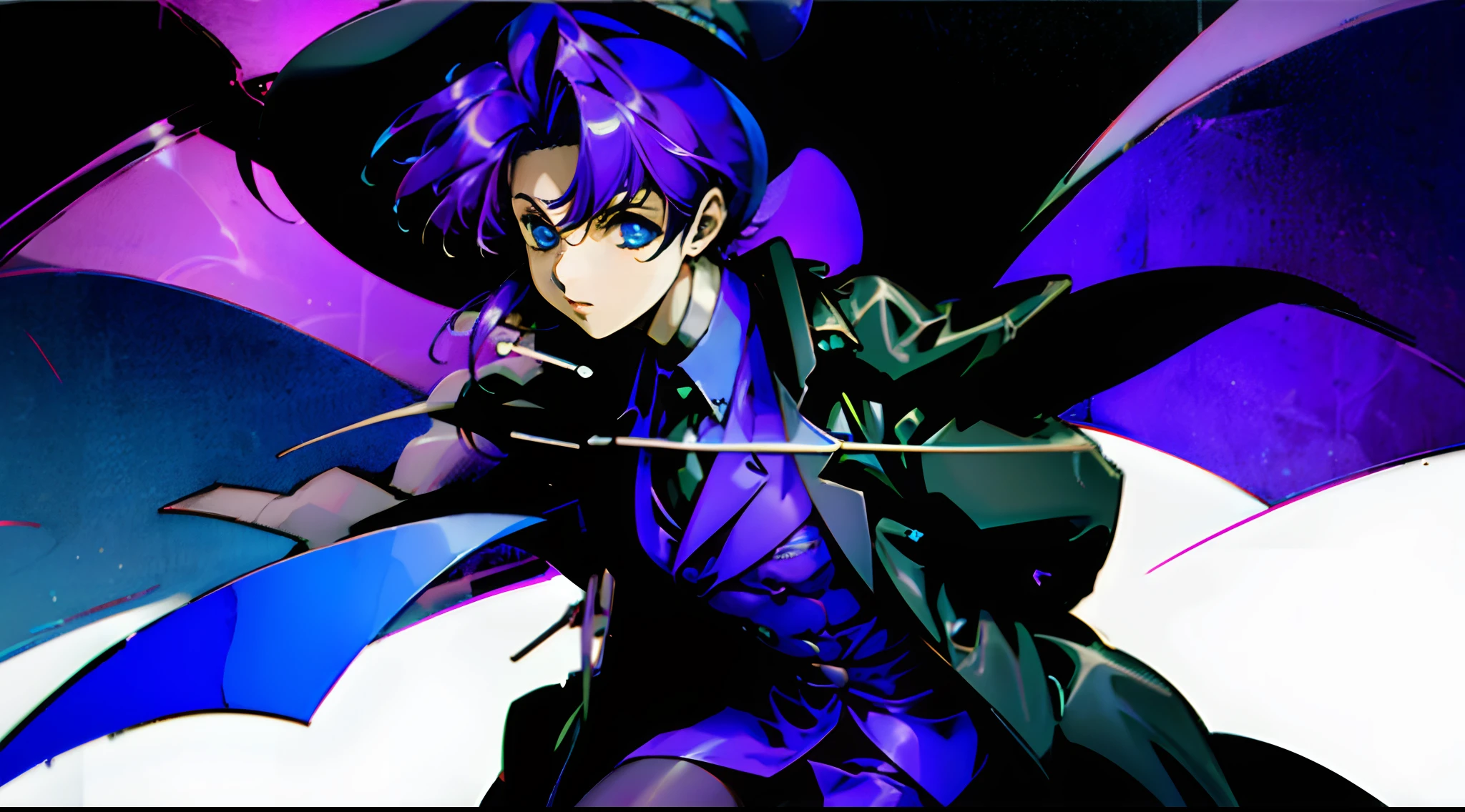 Black trench coat，cowboy hat，Purple-haired boy，blue color eyes，quadratic element