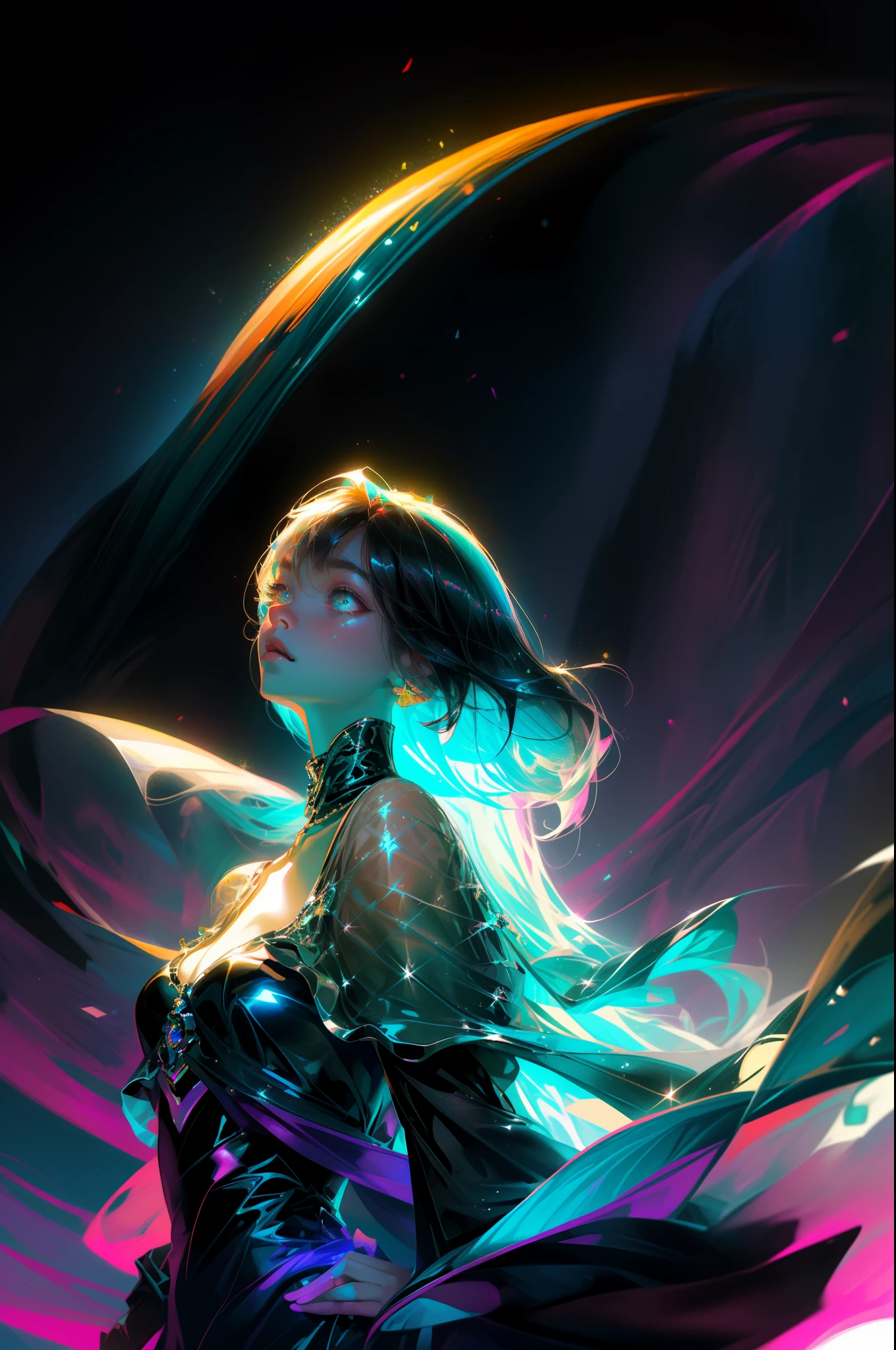 masterpiece、top-quality、超A high resolution、Fluorescent color、Cool Men、beautiful countenance、beautidful eyes、(off shoulders:1.2)、turn your head up、The upper part of the body、the woods、shinny hair、shinny skin、Shine Cut、Chibi、Finger Scale Coordination、black starlight dress、Particle