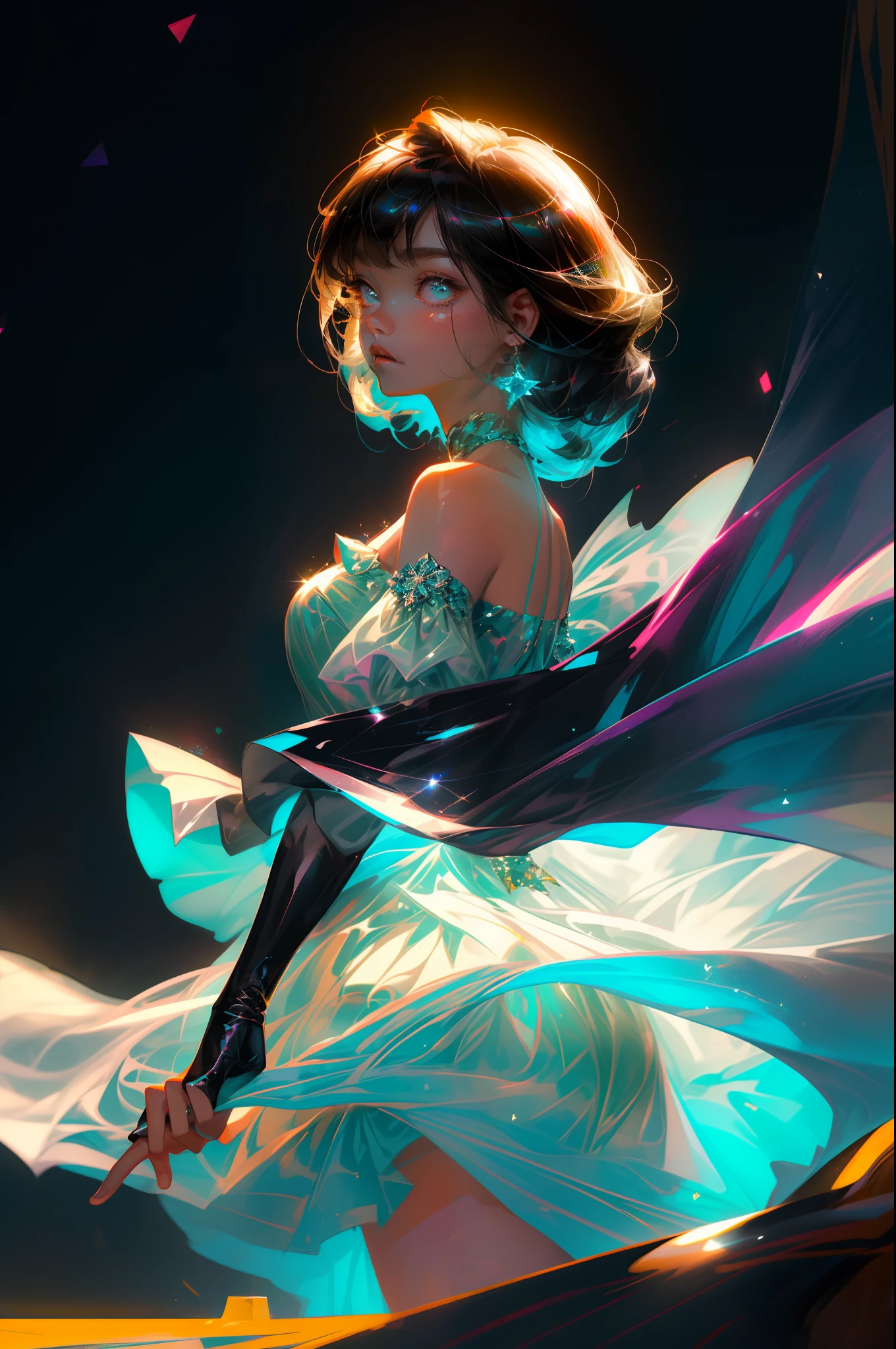 ​masterpiece、top-quality、超A high resolution、Fluorescent color、Cool Men、beautiful countenance、beautidful eyes、(off shoulders:1.2)、turn your head up、The upper part of the body、the woods、shinny hair、shinny skin、Shine Cut、Chibi、Finger Scale Coordination、black starlight dress、Particle