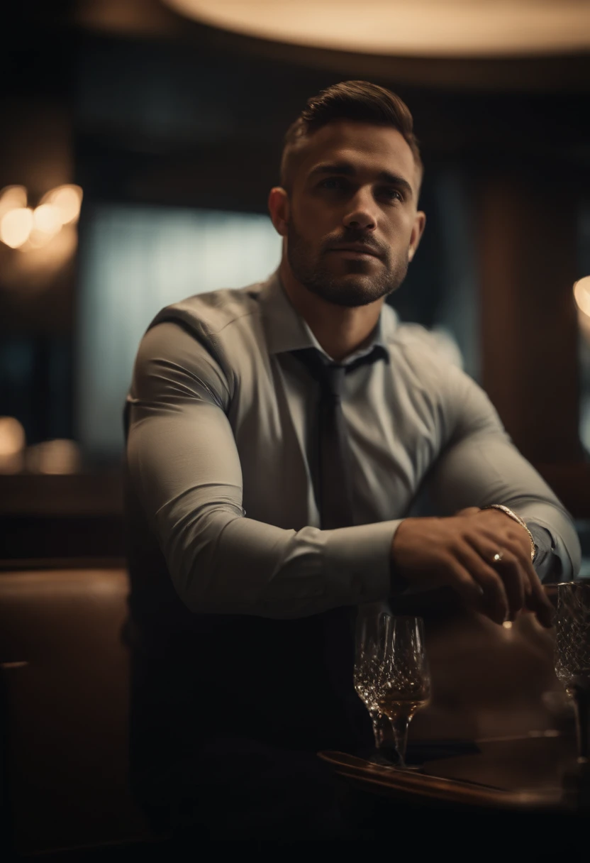 Csar D'Future, attractive man, white hair, blue eyes, formal clothes, in the office drinking wine
