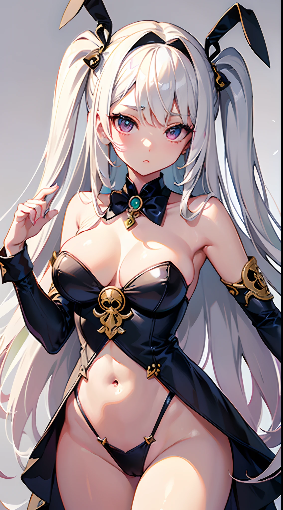 ((Best Quality)), (ultra-detailliert), ((Extremely detailed)), (Beautiful), ((Kawaii Girl)),(two side up hair)、((masutepiece)),Platinum Blonde Hair,Long hair, hair between eye, Wavy Hair, Long sideburns,Jade colored eyes, White skin,Colossal tits、Rabbit ears,Slender body,playboy bunny,One Woman,Anime