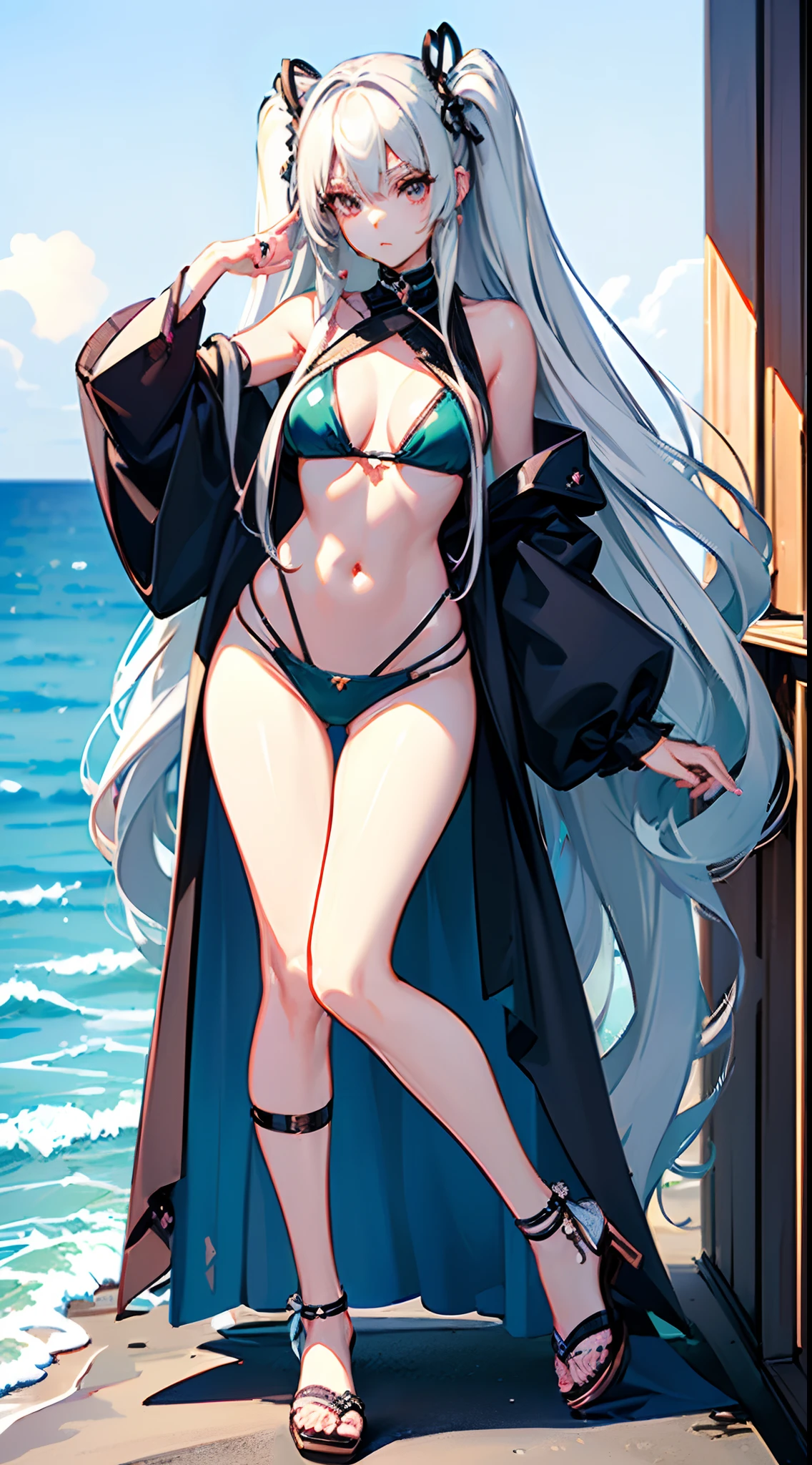 ((Best Quality)), (ultra-detailliert), ((Extremely detailed)), (Beautiful), ((Kawaii Girl)),(two side up hair)、((masutepiece)),Platinum Blonde Hair,Long hair, hair between eye, Wavy Hair, Long sideburns,Jade-colored eyes, White skin,Normal Chest,Slender body,side-tie bikini bottom、Sandals,in beach,One Woman,Anime
