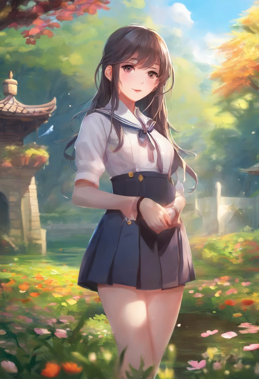(masterpiece, best quality:1.2), ultra highres, 4k, 8k, raw photo, , (shiny skin), 1girl, , outdoors, flowers field, winds, house, green plants ,there is a woman in a school uniform standing by a river, girl wearing uniform, wearing school uniform, wearing a school uniform, jk uniform, cute schoolgirl, wearing japanese school uniform, magical school student uniform, of a schoolgirl posing, tzuyu from twice, a hyperrealistic schoolgirl, ruan cute vtuber, anime thai girl best quality, masterpiece, high resolution, 8K, (realistic: 1.4), super high resolution, 1 girl, super detailed, surreal, highly detailed CG illustration, official art, cinematic light, reality, young beautiful girl, perfect body, perfect body, full viewing angle, perfect body, (from below: 1.3), wearing mask, pose, sexy long legs, confident, beautiful sexy, gray short sleeves, open belly, black super shorts, S-shaped body, hips upturned, posing, posing, different perspectives, Atmospheric distance sense