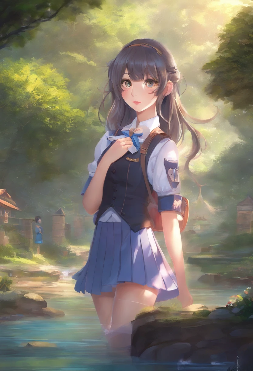 (masterpiece, best quality:1.2), ultra highres, 4k, 8k, raw photo, , (shiny skin), 1girl, , outdoors, flowers field, winds, house, green plants ,there is a woman in a school uniform standing by a river, girl wearing uniform, wearing school uniform, wearing a school uniform, jk uniform, cute schoolgirl, wearing japanese school uniform, magical school student uniform, of a schoolgirl posing, tzuyu from twice, a hyperrealistic schoolgirl, ruan cute vtuber, anime thai girl best quality, masterpiece, high resolution, 8K, (realistic: 1.4), super high resolution, 1 girl, super detailed, surreal, highly detailed CG illustration, official art, cinematic light, reality, young beautiful girl, perfect body, perfect body, full viewing angle, perfect body, (from below: 1.3), wearing mask, pose, sexy long legs, confident, beautiful sexy, gray short sleeves, open belly, black super shorts, S-shaped body, hips upturned, posing, posing, different perspectives, Atmospheric distance sense