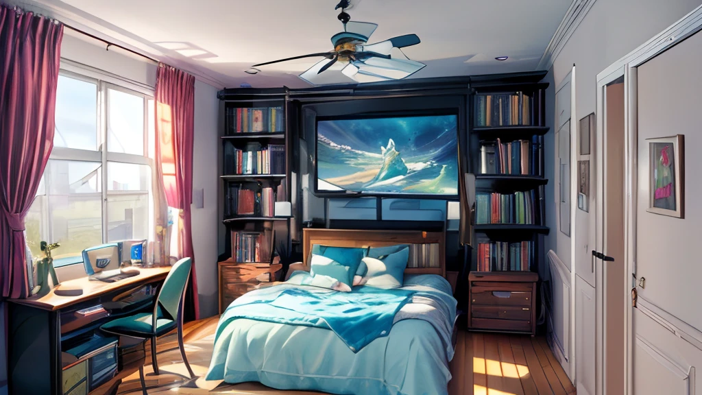 ((Masterpiece, hiquality, absurdress), (Masterpiece, Best Quality, hight resolution, Ultra-detailed), intricate detials, Modern stylish children's room with small bed and bedspread, Light walls, Light ceiling, Light floor, Large fluffy carpet on the floor, There are curtains on the window, computer desk, computer on desk, Bedside table with white lighting, Black Bookshelf, Bookshelf for books and toys, Flower on the windowsill, Without people, NOhumans, Lots of toys on the floor, TV with set-top box