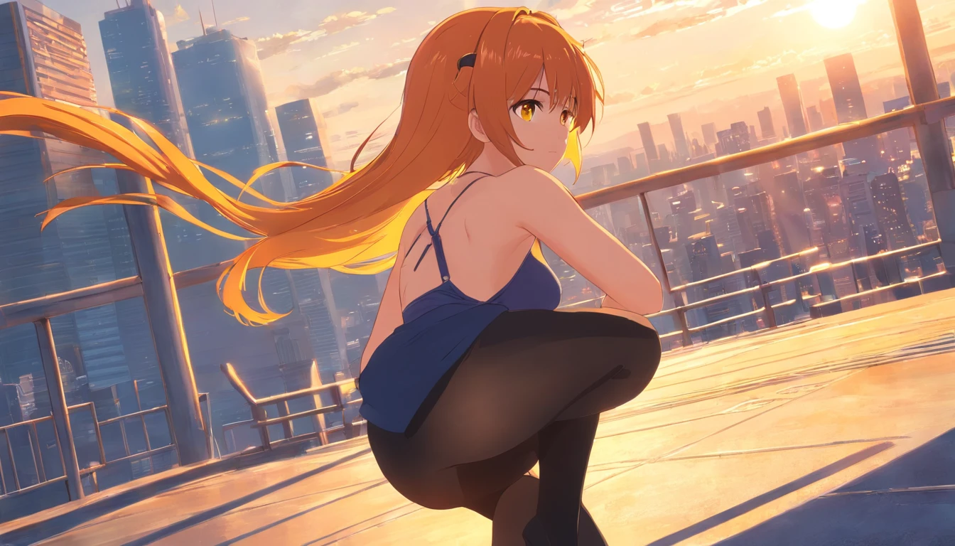 1 female、Orange hair、huge tit、Huge ass、Black full-length tights、yellow eyes、Turn your butt