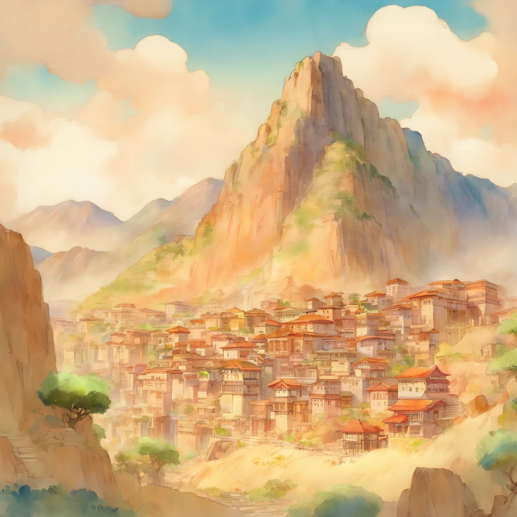 Watercolor of a mountain and a village in the desert by James Jane, John William Waterhouse, Gustav Klimt, Frank Lloyd Wright