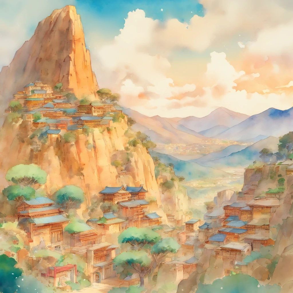 Watercolor of a mountain and a village in the desert by James Jane, John William Waterhouse, Gustav Klimt, Frank Lloyd Wright