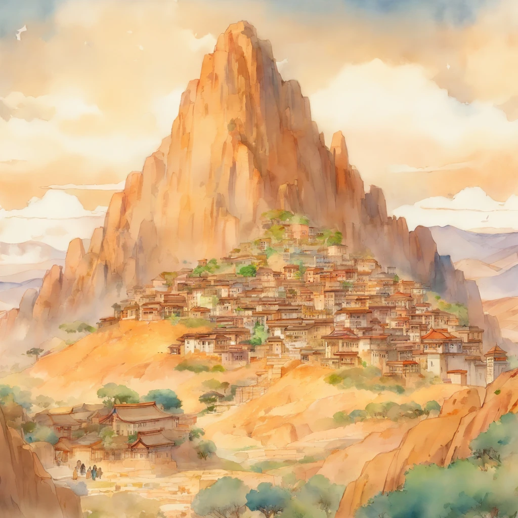 Watercolor of a mountain and a village in the desert by James Jane, John William Waterhouse, Gustav Klimt, Frank Lloyd Wright