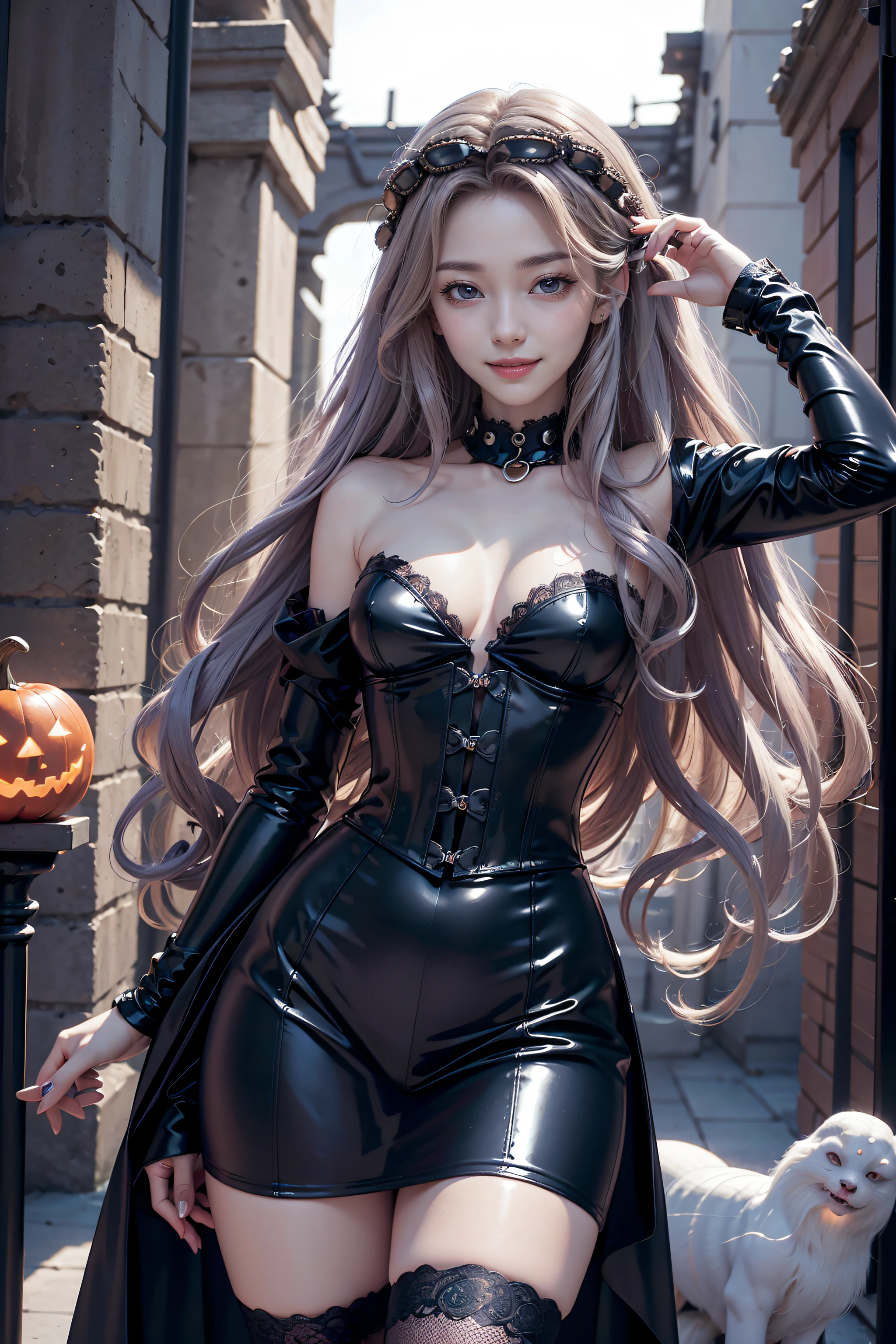 (Halloween theme:1.2), (fantasy:1.2), (dark theme:1.2), (film noir:1.3), monster girls, long hair, snakes, gorgon, snake hair, BREAK, Beautiful illustration, top-quality, (cute Russian medusa girl, white people:1.3, Caucasian:1.3), having medusa features, (medusa:1.5), BREAK, (medusa hair:1.5), (snake hair:1.3), (hair is composed of countless small snakes:1.3), (blue eyes, pale skin:1.1), (beautiful, 20 years old:1.5), slim, slender, (small-medium breasts), clean face:1.3, BREAK, (black elegant full lacy dress), (latex corset), (black latex stockings), (knee-high-over-boots, pin-hells), (insanely detailed clothes), BREAK, arms behind back, arms up on head, blue eyess, lovely thighs、(looking straight at the viewer), (view viewer:1.3), (upper body:1.3), from above, (fairytale:1.3), (Fantasy world halloween background:1.3), (jack O'lantern:1.3), (ghost:1.3), (playing ghost and jack O'lantern:1.3),