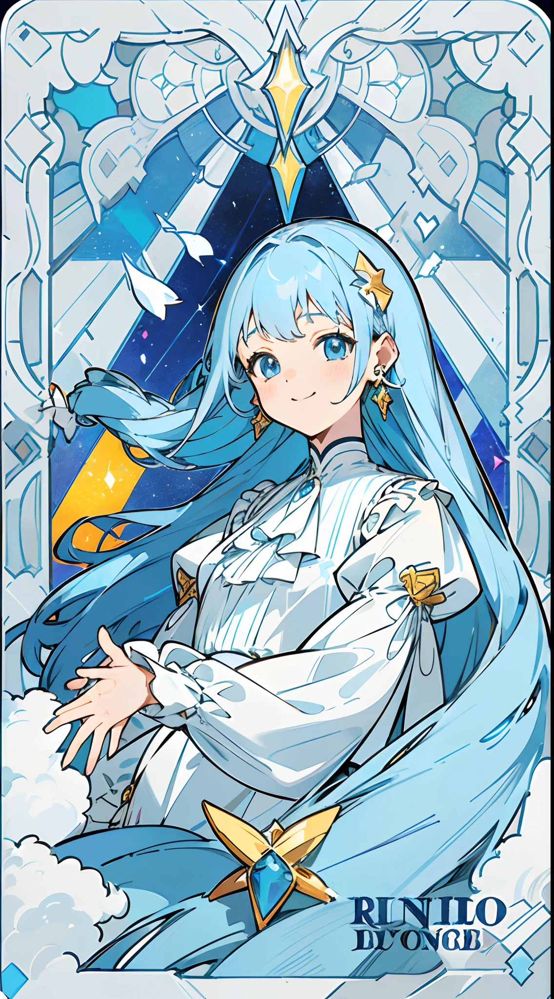 (The skin is not exposed, Long sleeve blouse with ruffles), (Solo), Very cute girl (1), Colorful arched stained glass on background, Classic, Light shining, ((Super long blue hair, Earring Color)), (Super smile), Dynamism, (Blue eyes), (kirakira) (Detail Objects)Upper body angle