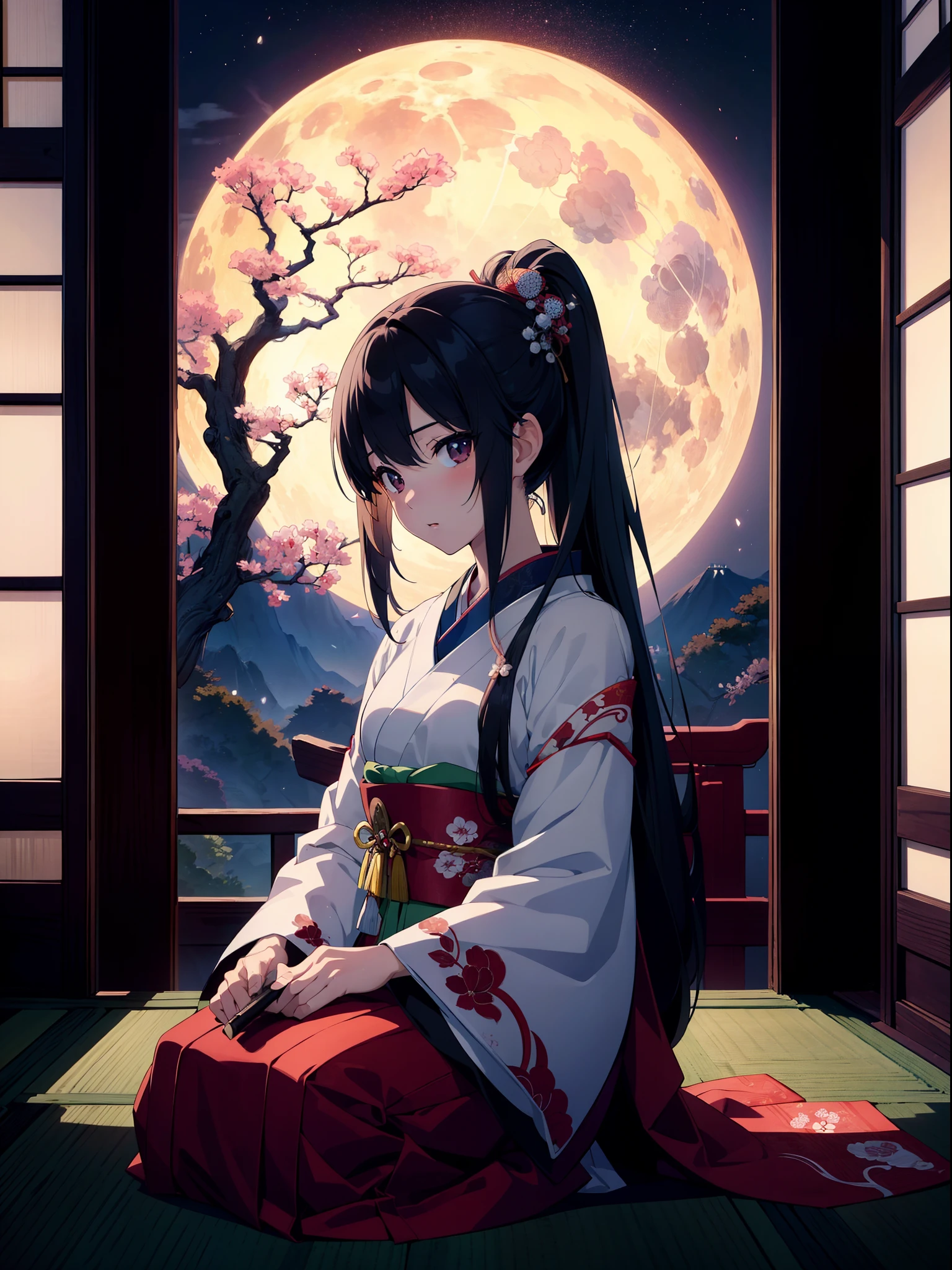 1 girl, shuimobysim, traditional chinese ink painting, sitting, cowboy shot, Japanese clothing, full-moon, high resolution,(incredibly absurdres), (hires.fix:1.3),anime visual,ultra detailed CG unity 8k wallpaper, ((masterpiece)), ((top-quality)), (beautiful illustration), ((an extremely delicate and beautiful))