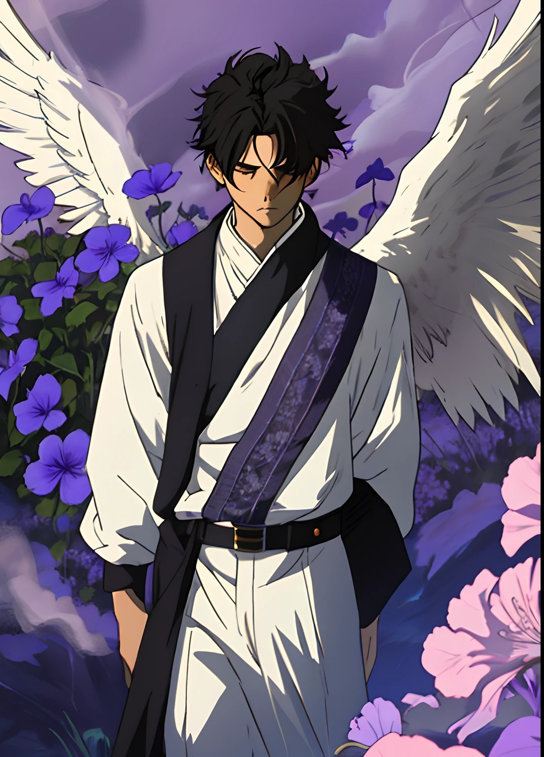 a man, with half of his face burned, short black hair, with white wings, surrounded by violets, and surrounded by smoke