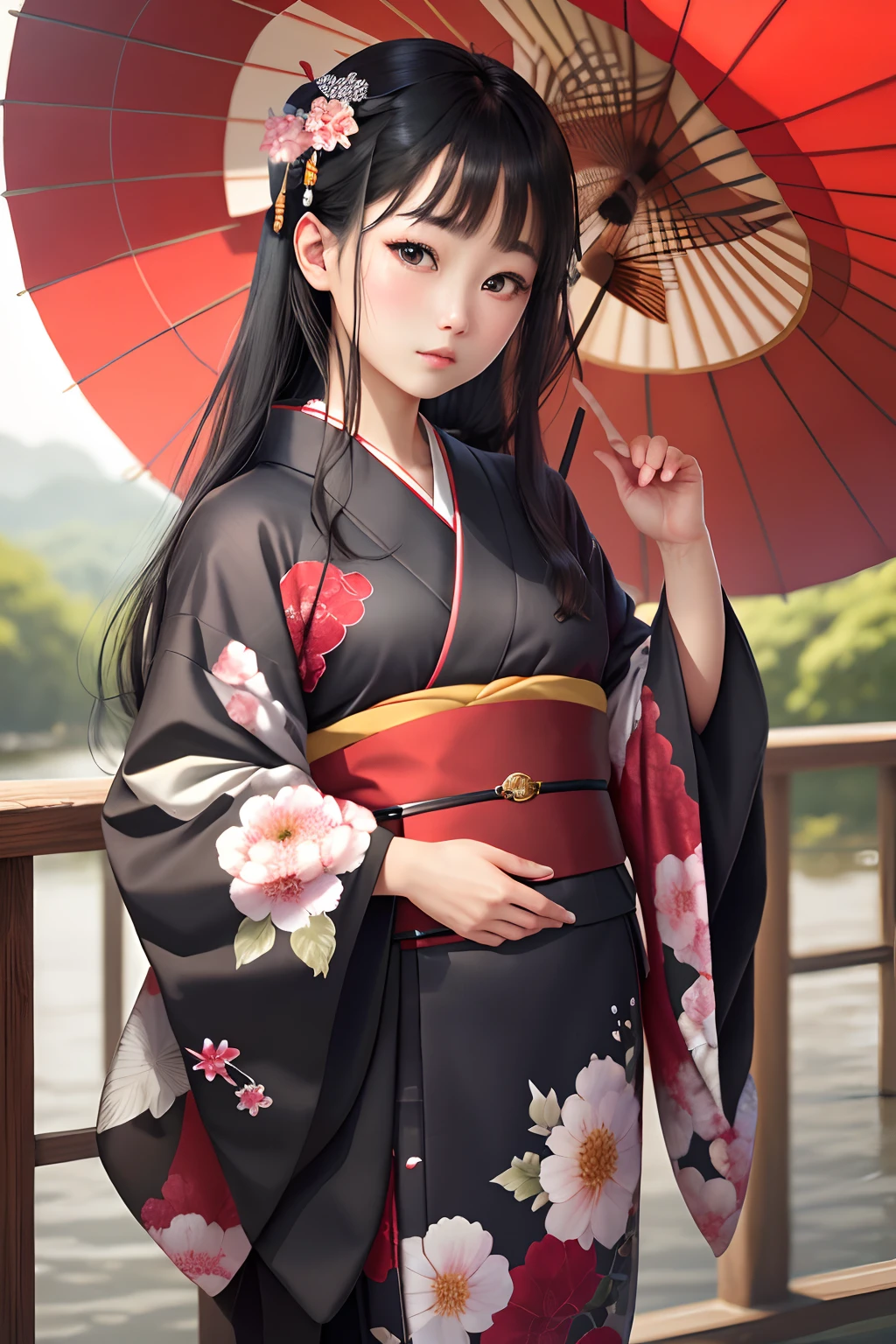 ((8K, Raw photo, Best Quality, masutepiece, Realistic high detail, Photorealistic:1.3, professional photograpy)), extremely detailed eyes and face and skin,(symmetric clear eyes:1.2), (extremely detailed fingers), (extra detailed body), High resolution, Beautiful detailed eyes, (Hard Focus:1.4), (Sharp Focus:1.4), 1 japanese girl, kawaii, (Looking at Viewer), (Upper body:1.3), serene expressions, Smooth black hair, Traditional kimono, elegant posture, Cherry Garden, Dramatic