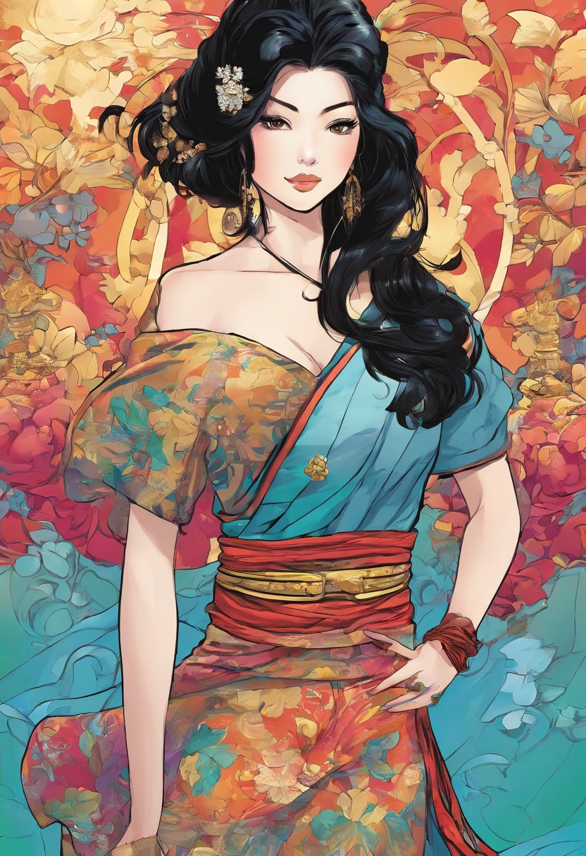 1 lady, black hair, big breasts, japanese cloth