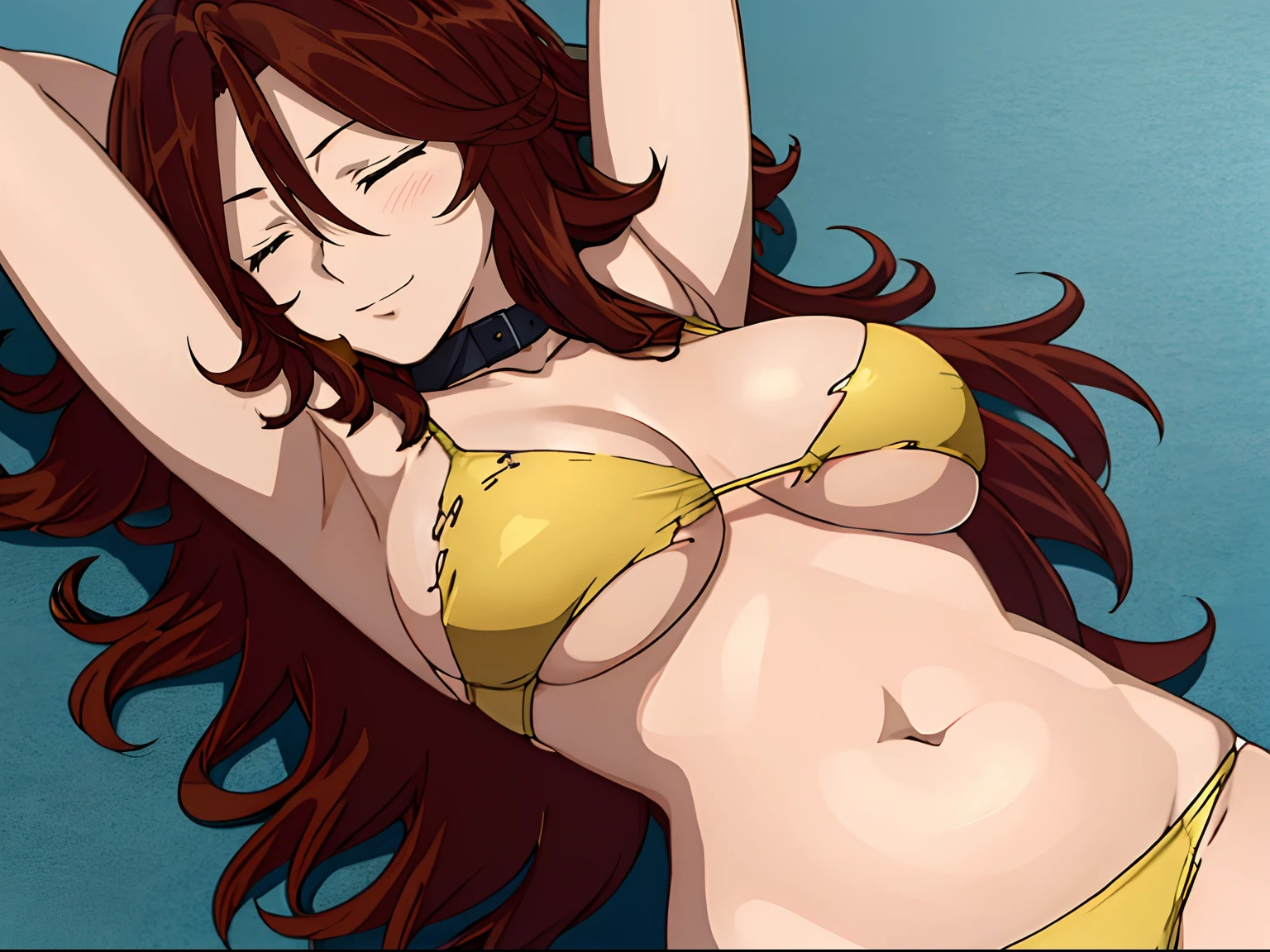 Elegant lady, (upper body only), anime style: 1.8, anime drawing, ultra detailed face, ultra detailed body, 4k, Sumergai Lee Noriega, (sleeping down on arena, closed eyes), best quality, anime style, hires, highest definition, digital blending, bold drawing lines, (location: beach, crowds watching), ( slim body, (little biceps), , off-shoulders, closed fists, (curvy: 2.8)), ((TORN bikini , white gloves, collar, armpit protector, (chaps))), victorious, winner, gentle, (pale skin, shiny skin, very big breasts, smile), (big eyes, brown eyes), (brown hair, loose hair, curly hair, wavy hair, long hair, missy hair), 27 years old,
