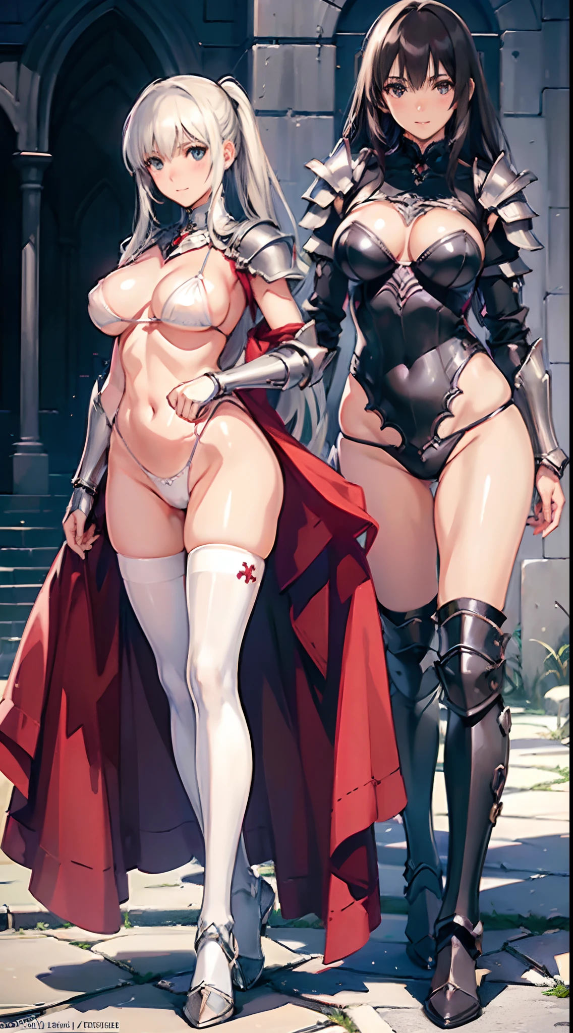 (slanted eye),(Best Quality, 4K, 8K, hight resolution, masutepiece:1.2), Ultra-detailed, (Realistic, Photorealistic, Photorealsitic:1.37), Mature Woman, Adult Woman, notre dame, Dark fantasy landscape,masutepiece, Highest Quality, Ultra-fine,max resolution, Extremely detailed, ((Woman knight, Clean Armor,White bikini armor)),Huge breasts, Big ass,Seductive thighs,poneyTail,((high legs,thong)),overknee socks,(((Beautiful skins))),red blush,Smiling faintly