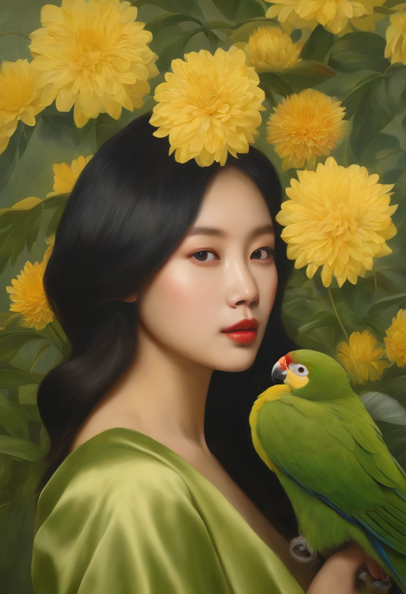 fashion magazine,ultrarealism oil painting,(macaw),Chinese long haired young girl,Light green and powder yellow,Chrysanthemum and plant covering background,The style of artist Bruce Zheng,Huge round chest,shinny hair,cowboy lens,art-deco,Verism,blooms,Award-Awarded,retinas