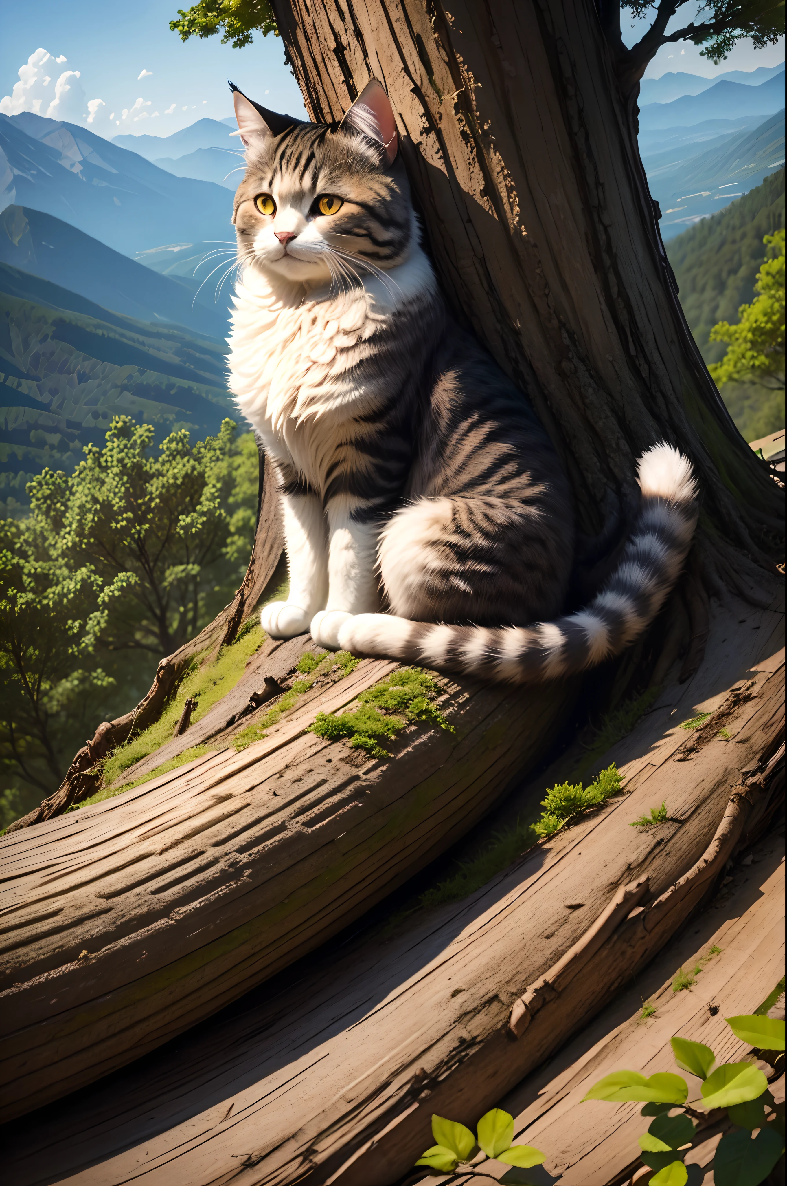 A fluffy cat sits near the roots of a tree on the side of a mountain
