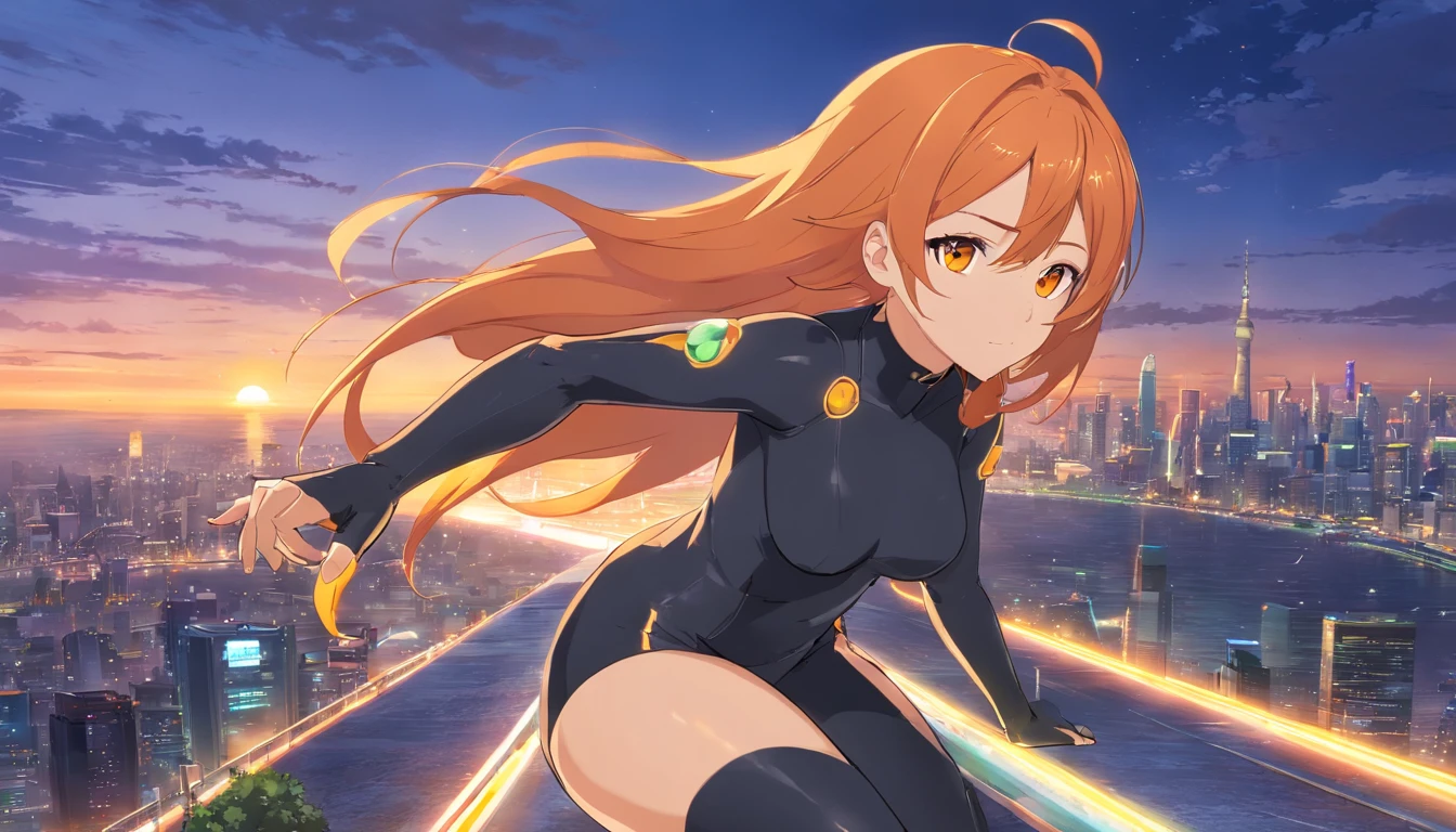 1 female、Orange hair、huge tit、Huge ass、Black rubber suit、yellow eyes