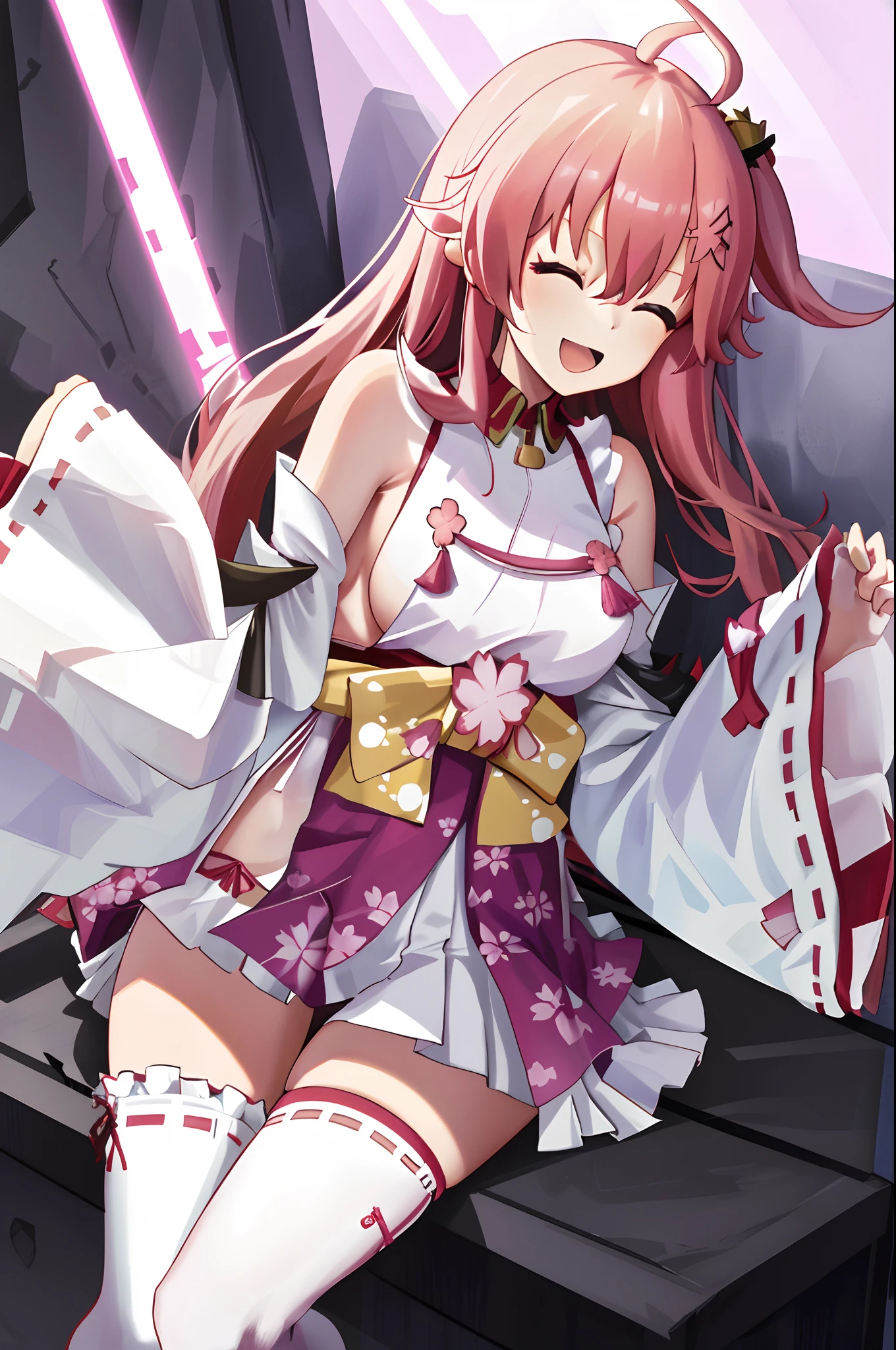 masterpiece, best quality, highres, miko1, sakura_miko, 1girl, big_boobs, solo, ahoge, x_hair_ornament, pink_hair, floral print, hairclip,(side_less_clothes:1.5), (side_boobs:1.5), hair_bell, floral print, long_hair, hair between eyes, one side up, white thighhighs, asymmetrical legwear, wide sleeves, open_mouth,(happy:1.3),close_eyes,big_smile,(raise_leg:1.3),plump,apart_legs,(overly_long_sleeves:1.3),),sleeves_past_wrists,hands_hidden_sleeves,sidelock_clothes,dynamic_posing,solo,hidden_wrists,(XD:1.5),covered_nipples,nsfw,plump,sunlight,(bare_flank:1.3)