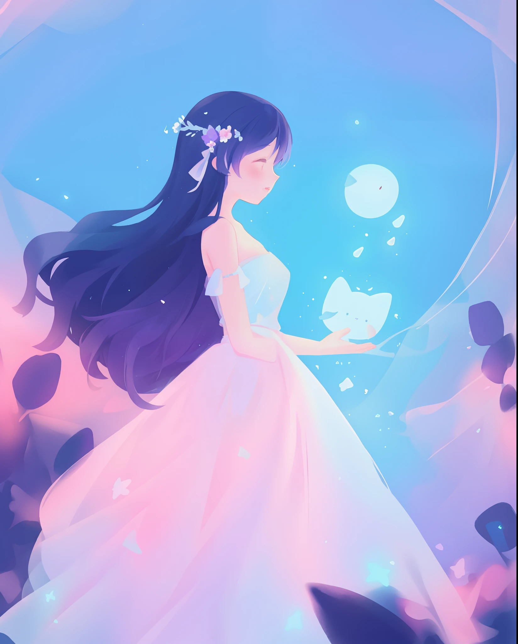 beautiful girl in puffy white ballgown, long dark hair, magical glowing blue lights coming from her hands, magical, whimsical, blue pink and purple colors, watercolor illustration, inspired by Glen Keane, inspired by Lois van Baarle, disney art style, by Lois van Baarle, glowing aura around her, by Glen Keane, jen bartel, glowing lights! digital painting, flowing glowing hair, glowing flowing hair, beautiful digital illustration, fantasia otherworldly landscape plants flowers, beautiful, masterpiece, best quality, anime disney style