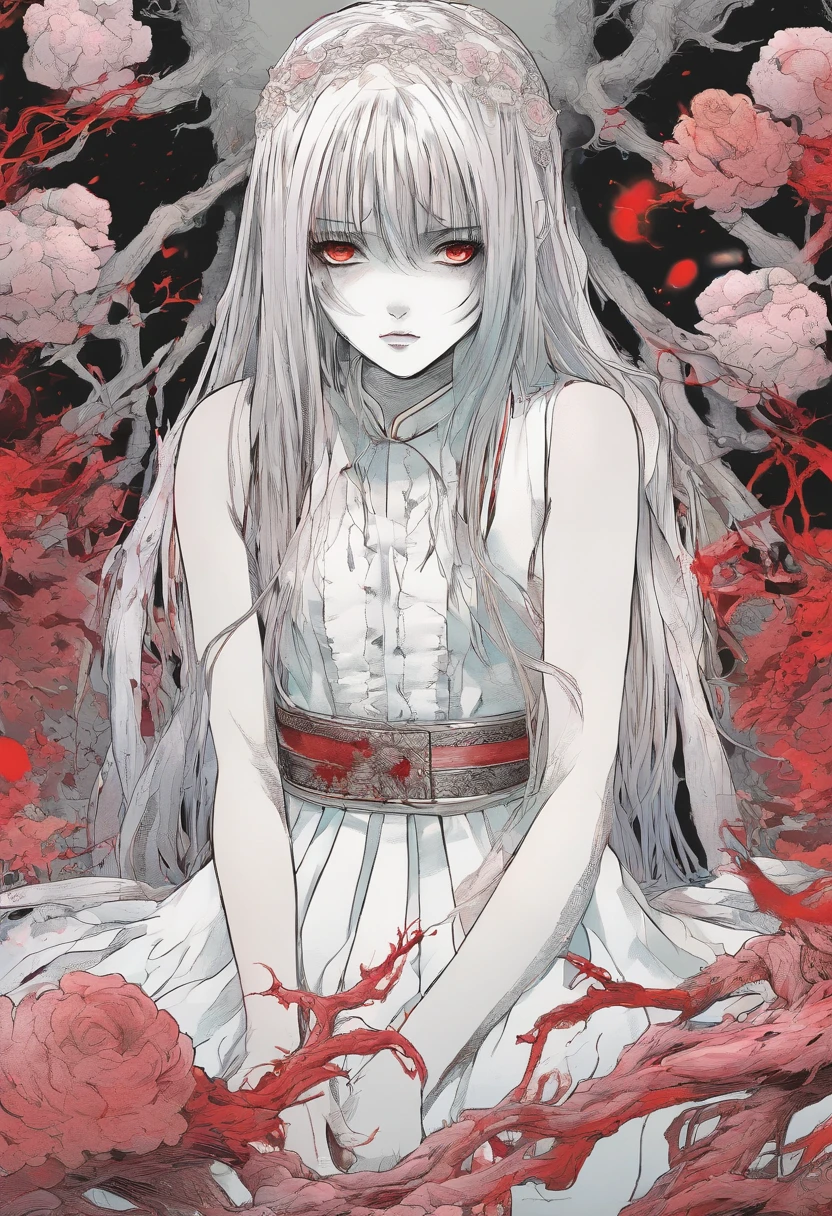 (best quality,highres,masterpiece:1.2),ultra-detailed,horror,manga style,white bloody dress,clivage,suffering manga girl,crying,Japanese,Junji Ito influence,limbo,darkness,abuse,pure sadness,deep emotions,red liquid,men's touch,haunting atmosphere,terrifying beauty,bloody tears,emotional torment,nightmare fuel,vivid colors,cursed destiny,dreadful manga illustration,emotional rollercoaster,despair,indescribable pain,horror manga vibes,unbearable grief,horror-filled eyes,haunting details,intense fear,broken innocence,haunting beauty,heart-wrenching manga scene,unforgettable tragedy,wounded soul,wicked torment,disturbing imagery,macabre,crimson artwork,distressed girl's visage,anguish,manga masterpiece,Japanese horror aesthetics, black and white, conversation in Portuguese, 5 pages.