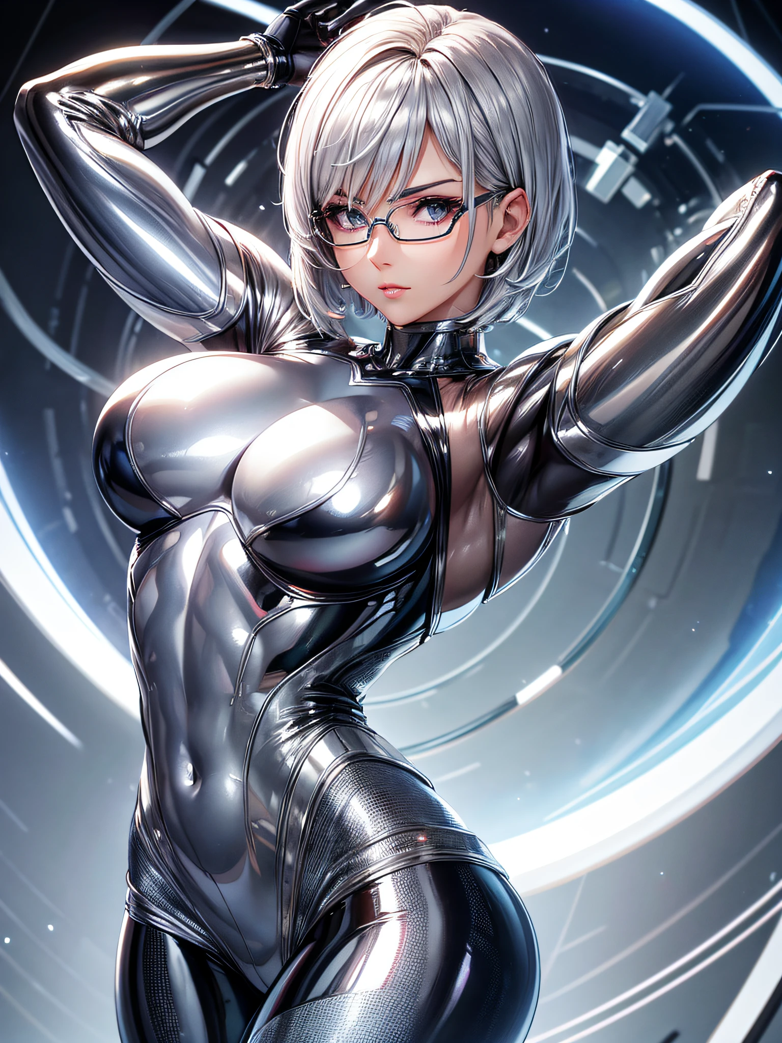 5 8K UHD、Muscular beauty with short silver hair wearing shiny full-body silver suit with glasses with arms behind her head、Beauty with shiny silver latex suit glasses with hidden skin、Lower front upper body only