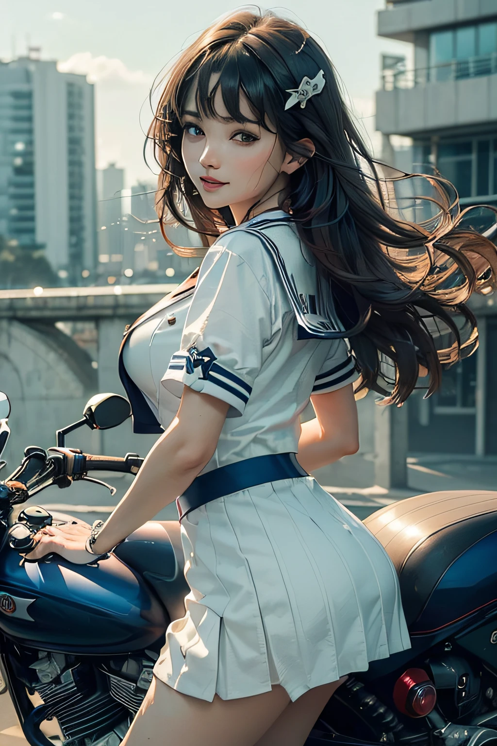 ((top-quality:1.2、8K、F / 1.8、nffsw、foco nítido:1.2、Photorealsitic:1.4、masterpiece、Depth:1.2、super-fine:1.2、Back lighting、Ultimate Girl、Highly Detailed face Textures、detailed beauty makeup:1.2、real looking skin、A detailed eye、Detailed bangs))((White sailor suit、Dark blue mini skirt、))、(Red Sport Type Motorcycle)、Straddling a motorcycle、tilt of the head、huge-breasted:1.2、light brown hair、Grinning from top to ear --auto