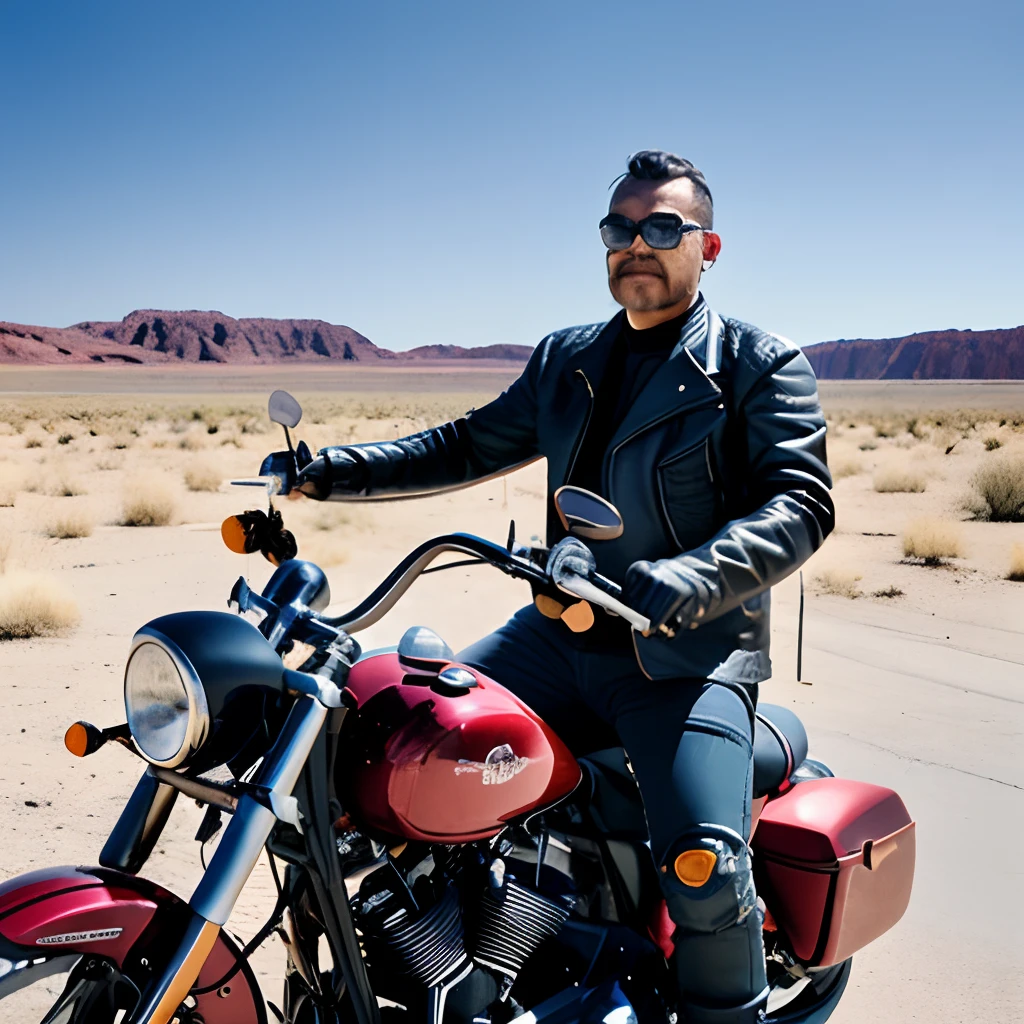 guttojugg1, A beard motorcycle rider with sunglasses, without helmet leather jacket, ripped jeans, and biker boots, parked on his Harley Davidson at a desert gas station. The main focus is on the rider and his bike, with the rest intentionally blurred to create depth of field.