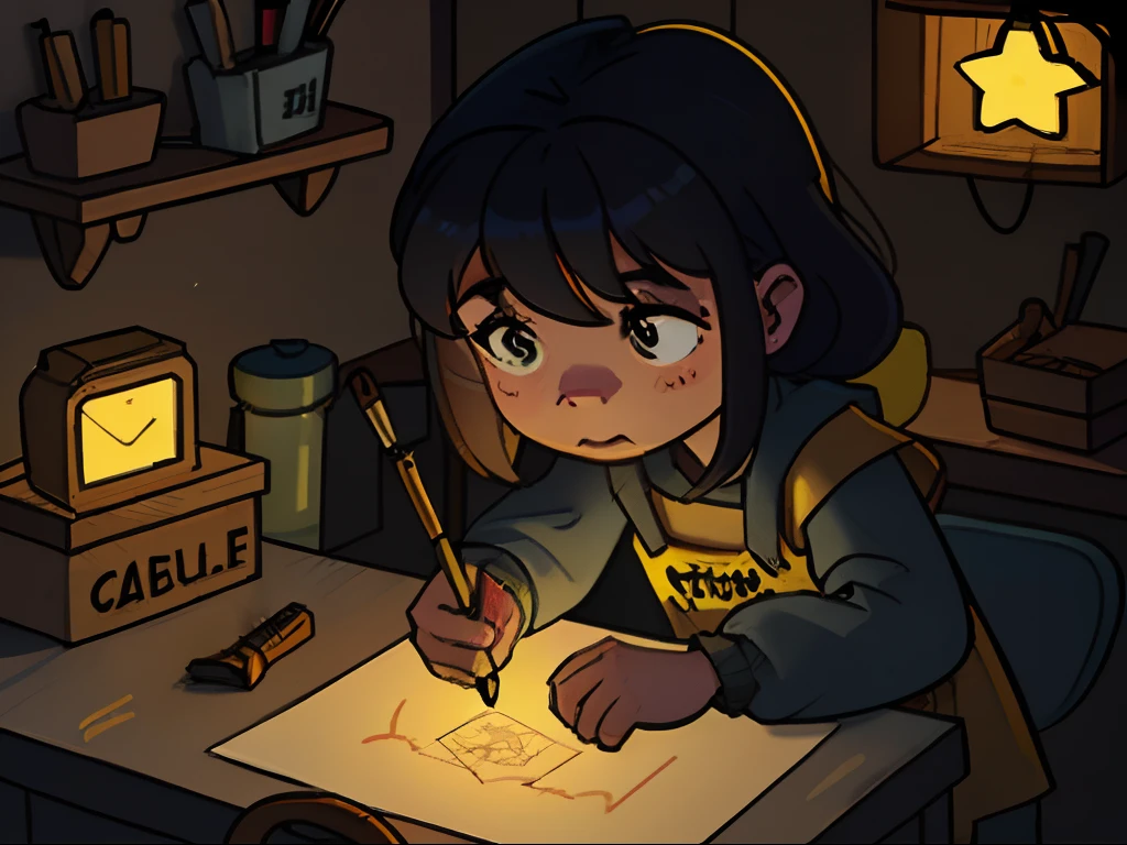 Drawing on comic book template. The environment is a workshop with inventions and tools. It's gloomy night and dim, yellowish lights illuminate. Girl works at workbench on an invention. cabelos castanhos longos, olhos castanhos. Coloque apenas uma garota na imagem.