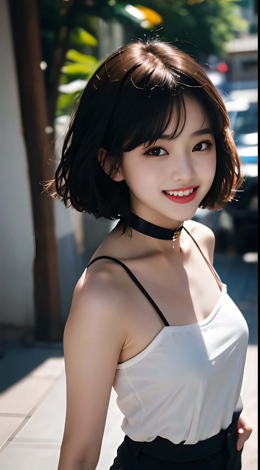 ​masterpiece, film grains, From  above, Upper body photo of a girl wearing white sheer fabric(Short camisole), 独奏, ((hard )), absurderes, realisitic(faces, full bodyesbian, The skin, high-detail skin, Skin pores), (kawaii:1.35), Cuties, fine black eyes, Innocent eyes, teak, a black choker, 耳Nipple Ring, shorth hair, (Messy bob hair), tiny chest、nip, Very short black hot pants、shiny pink lips、write、looking at the viewers、Open your lips、Upper teeth、(smile eyes:0.375)、((Grinning:1.125))、depth of fields、outside of house、Movie Light、blurry backround、eyes focus、bokeh dof、profetional lighting、portlate、photon maping、Radio City、physically-based renderingt、Soft light、(NSFW:1.1)、