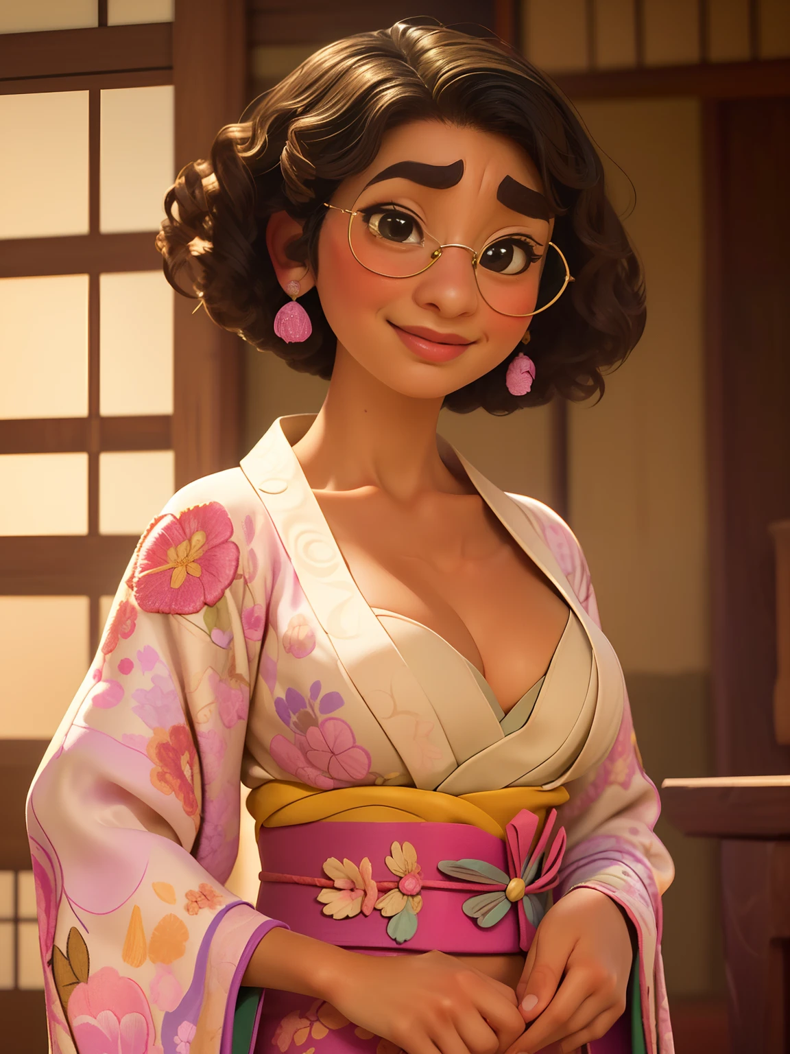 (((Mirabel Madrigal from Disney's Enchanto))), perfect hands, perfect face, (((symmetrical face))), soft smile, (((short hair))), perfect skin, toned skin, (((traditional japanese interior))), ((kimono)), (((cleavage))),