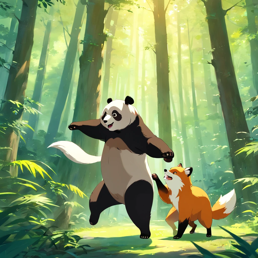 Un singe, A panda and a fox dance happily in the deep forest, pleasing, gai, Amusement,digital painting highly detailed