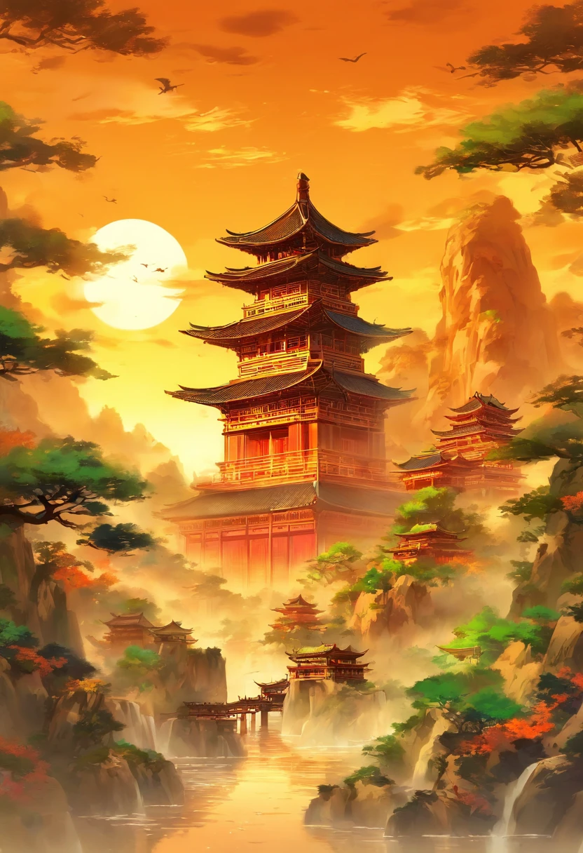 Picturesque Han Dynasty style temple，pylons，grassy，The tree，Floral，The bird，Autumn view，the setting sun，（Chinese landscape painting），（ink and watercolor painting），（light and shadow effect），rendering by octane，White balance design，Highly detailed image representation，wide angles，depth of fields，tmasterpiece，hentail realism，Beautifully presented，United Nations，acurate，Works of masters，Masterpiece,