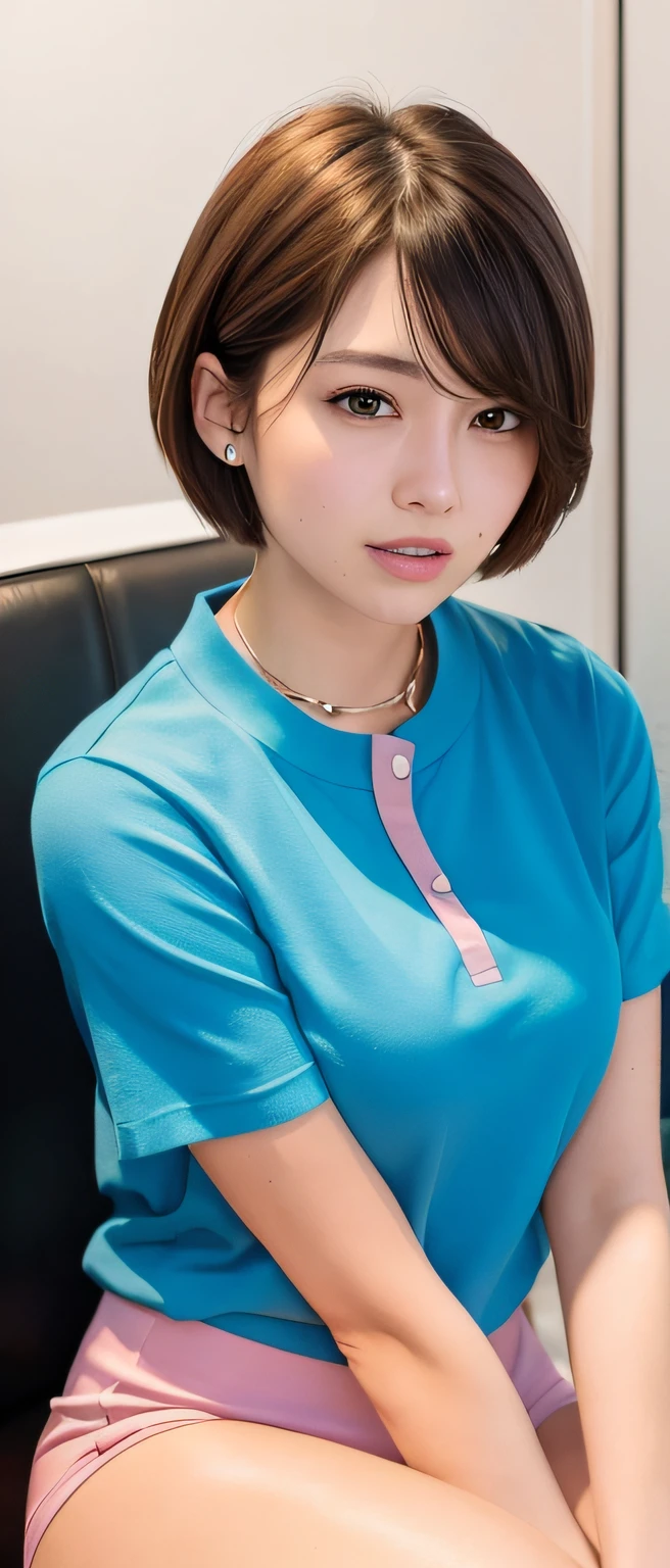 (8K, Best Quality, Masterpiece: 1.2), (Realistic, Photorealistic: 1.37), Ultra High Definition, 1 Girl, Cute, Solo, Beautiful Fine Sky, Sitting, Date, (Blushing), (Smile: 1.15), (Mouth Closed) Big breasts, beautiful eyes in every detail, (Shirt with collar: 1.1), (Short hair: 1.3), (Floating hair: Novafrog) Style : 1.2), JK, Knight, Pink Light, Wet, Park