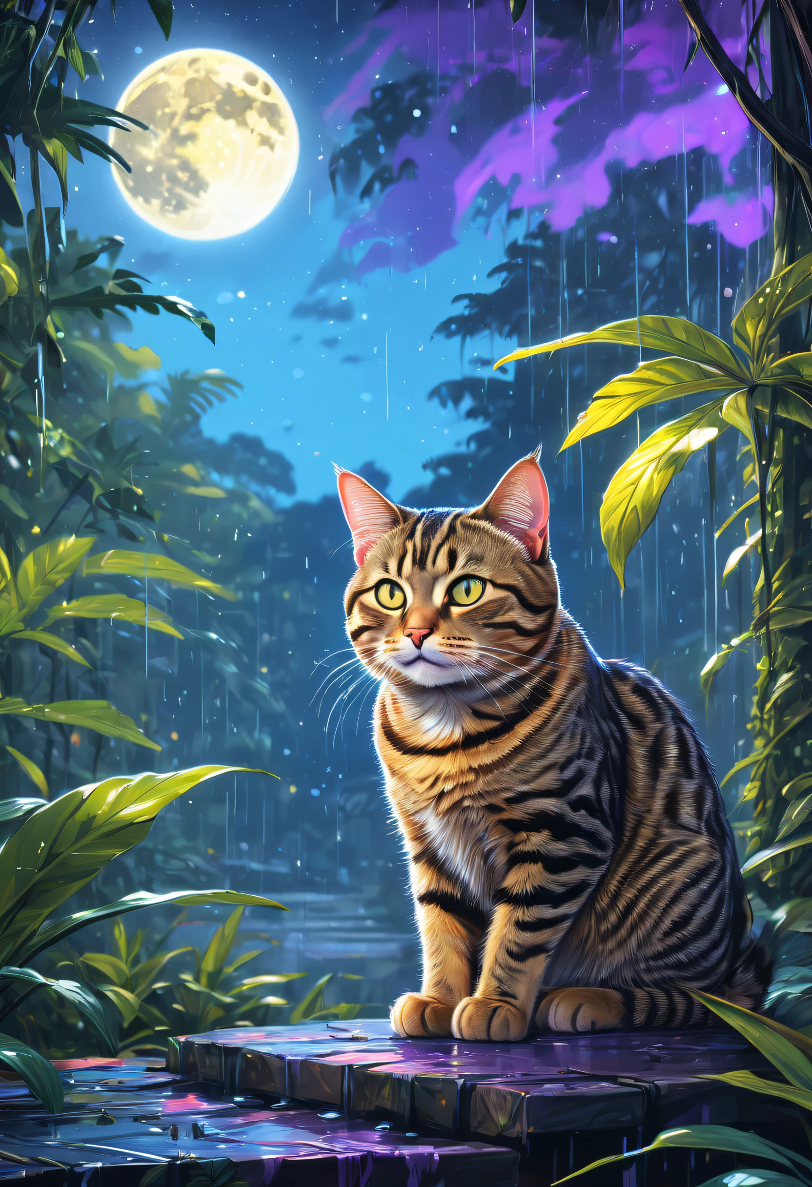 Dream illustration, fairytale-like, Oil painting, 8K, HD, A male tabby cat, Background, downpours, Beautiful lush rainforest, HD, Golden, Light blue, light violet, Moonshine color, full moon, Chilly lighting atmosphere (Digital drawing:1.2), Comic style, ToonYou Style, Illustrative funk, Counterwave graffiti, Perspective view, Extreme Face Close-Up, tee shirt graphic, Ultra HD, Realistic, Vivid colors, Highly detailed, Ultra HD drawing, pen and ink, Perfectcomposition, beautiful detailed intricate insanely detailed octane render trending on artstation, 8K Art Photography, Arte conceptual fotorrealista, soft natural volumetric cinematic perfect light