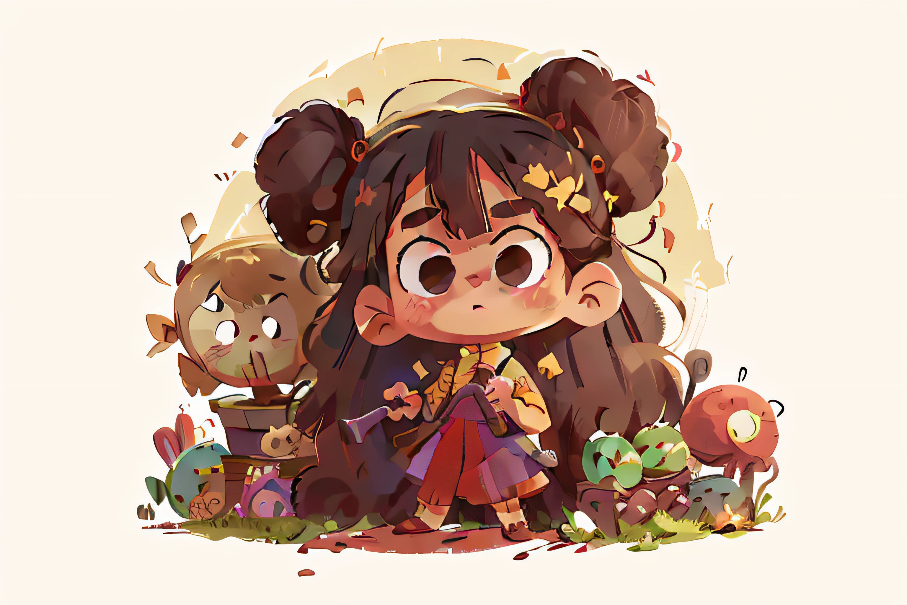 A cute girl,Instant noodle head,There's a cute weapon,Long hair,Another pet of his own,lively and lovely, Mage, Magic User Traits Cheerful, Sad, Scared, Fearless, Motivated, Intelligent, High-resolution 8K focus detail