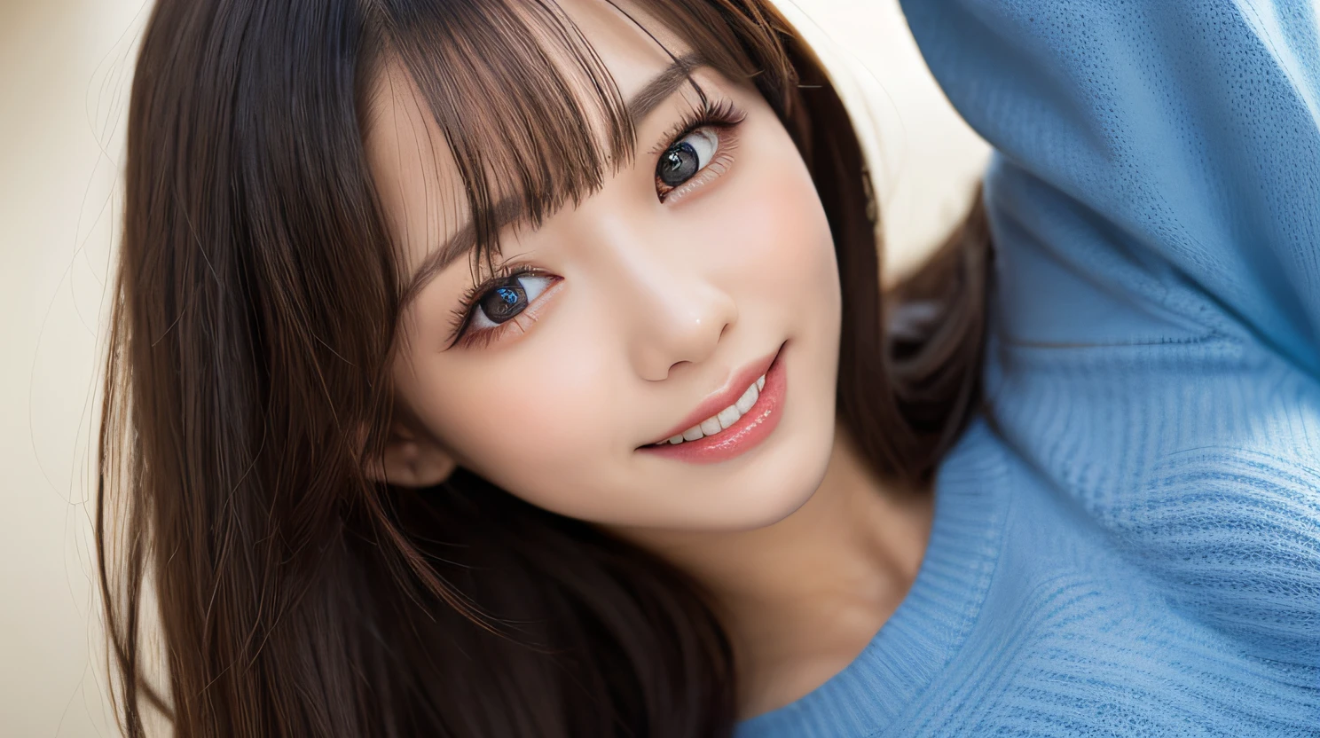 1girl in,masutepiece, Best Quality, Photorealsitic, finely detail, hight resolution, 8K Wallpapers, Perfect dynamic composition, Beautiful detailed eyes, Medium Hair, Medium chest, Random and sexy poses,Bring your chest together、(Tight Blue Knitwear)、(Breast bulge)、A smile、open open mouth、The tip of the tongue is visible、25-years old、(Drooping eyes 1.4)、Adult beauty、japanes、1girl in