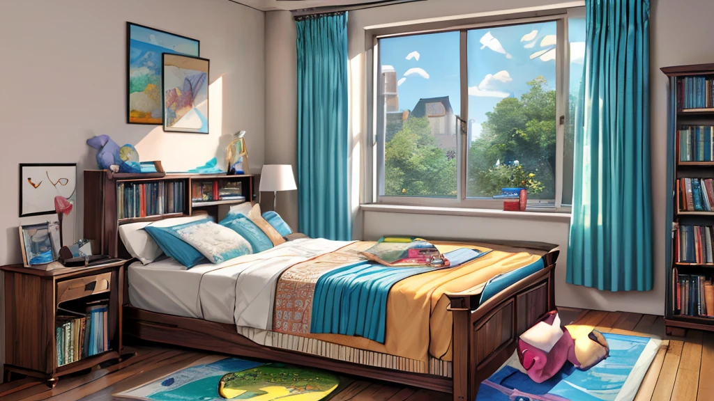 ((Masterpiece, hiquality, absurdress), (Masterpiece, Best Quality, hight resolution, Ultra-detailed), intricate detials, Modern stylish children's room with a large bed and a huge toy on it, Light walls, Light ceiling, Light floor, Large fluffy carpet on the floor, There are curtains on the window, computer desk, computer on desk, Bedside table with white lighting, Black Bookshelf, Bookshelf for books and toys, Flower on the windowsill, Without people, NOhumans, Lots of toys on the floor, TV with set-top box