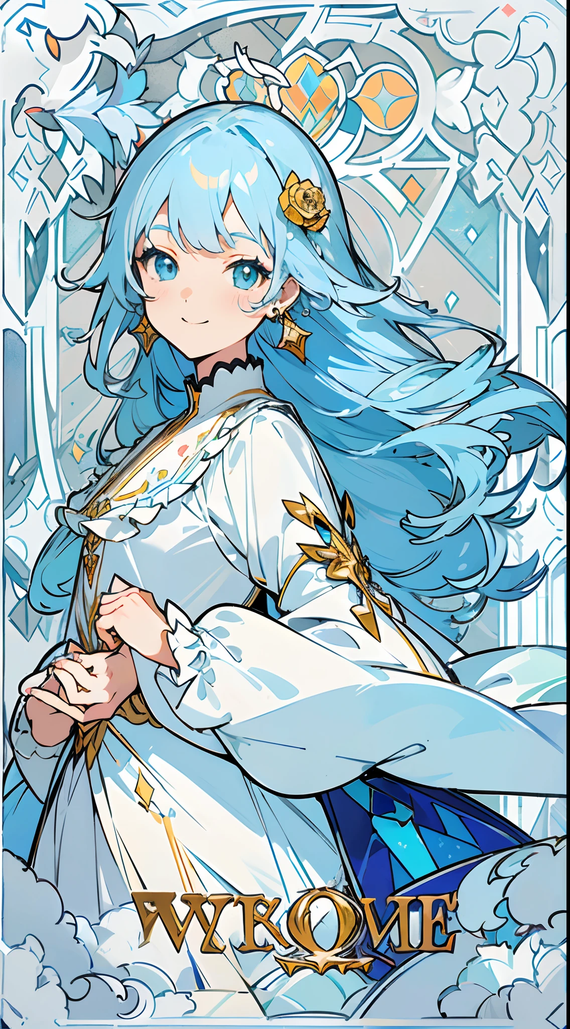 (The skin is not exposed, Long sleeve blouse with ruffles), (Solo), Very cute girl (1), Colorful stained glass on background, Classic, rose,Thorn vine,sunlight shining through, ((Super long blue hair, Earring Color)), (Super smile), Dynamism, (Blue eyes), (kirakira) (Detail Objects)Face Close-up Angle