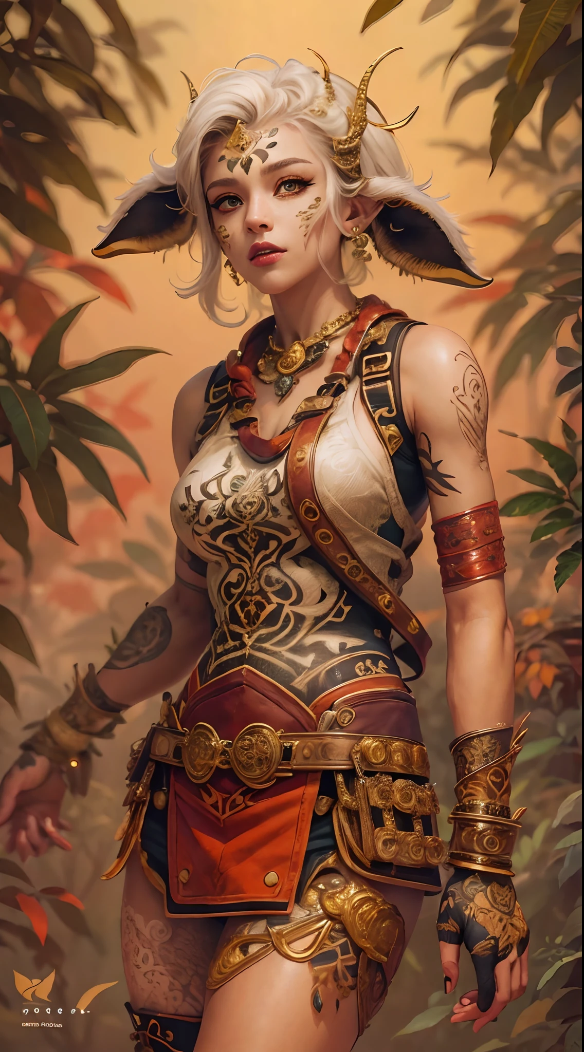 (Masterpiece), Top quality, Expressive eyes, Perfect face, Smooth skin, tribal tattoos, Goat Girl, goat horn, punky style, Super plump, Tight overalls, Tight-fitting gold and red gradient armor, full bodyesbian,Long leather boots,8K_the wallpaper, eye detailed, Body details, Finger details, (Digital artwork), (Caricature illustration details), (Line art details), ((Perfect)) parfect anatomy, best hand)), (finedetail:1.3), (highly details:1 ,3), ( illustration :1 , 3 ), (Sharp focus:1,3), (Natural light:1,05), (Light color:1,3), Wild forest background,