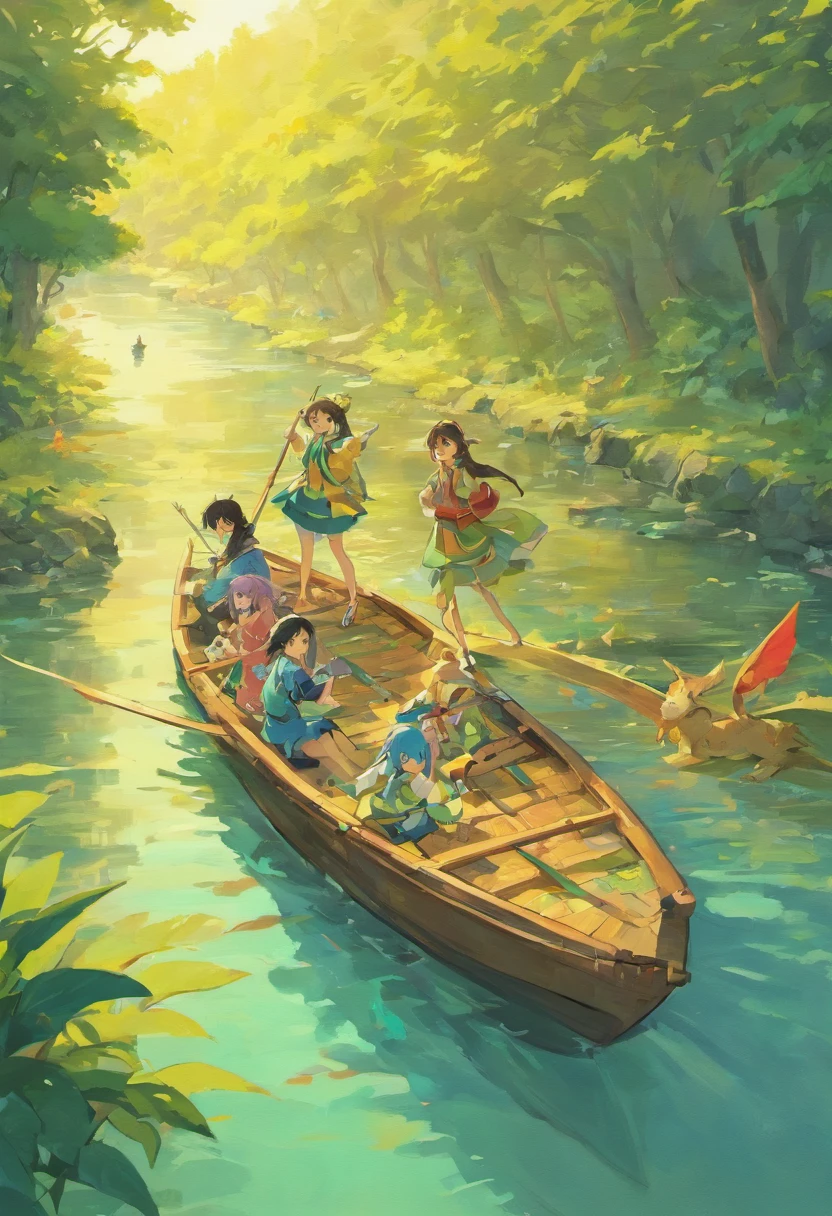 A painting of a group of people in a boat on a river - SeaArt AI