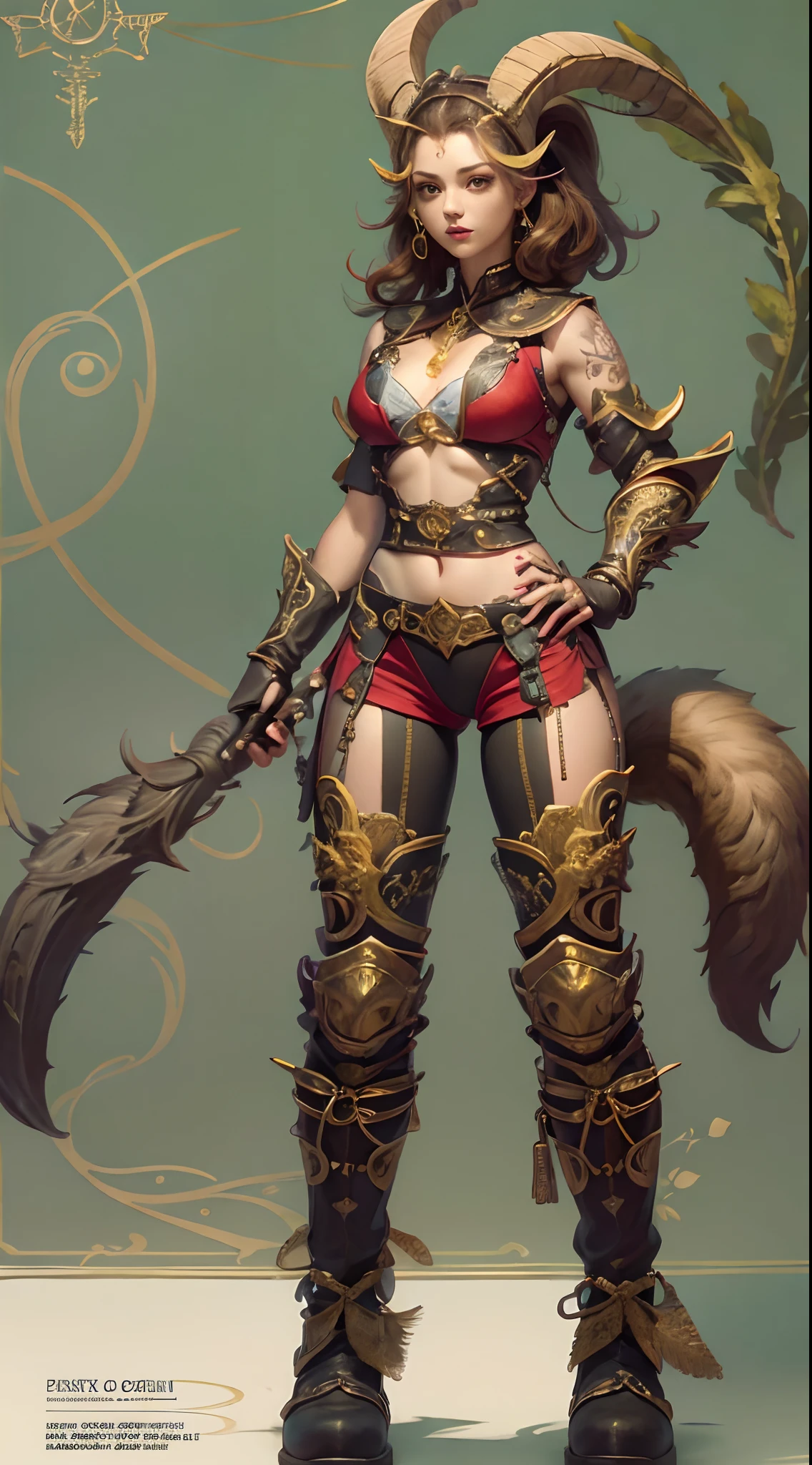 (Masterpiece), Top quality, Expressive eyes, Perfect face, Smooth skin, tribal tattoos, Goat Girl, goat horn, punky style, Super plump, Tight overalls, Tight-fitting gold and red gradient armor, full bodyesbian，Long leather boots，8K_the wallpaper, eye detailed, Body details,  Finger details, (Digital artwork), (Caricature illustration details), (Line art details), ((Perfect)) parfect anatomy, best hand)), (finedetail:1.3), (highly details:1 ,3), (  illustration :1 , 3 ), (Sharp focus:1,3), (Natural light:1,05), (Light color:1,3), Wild forest background,