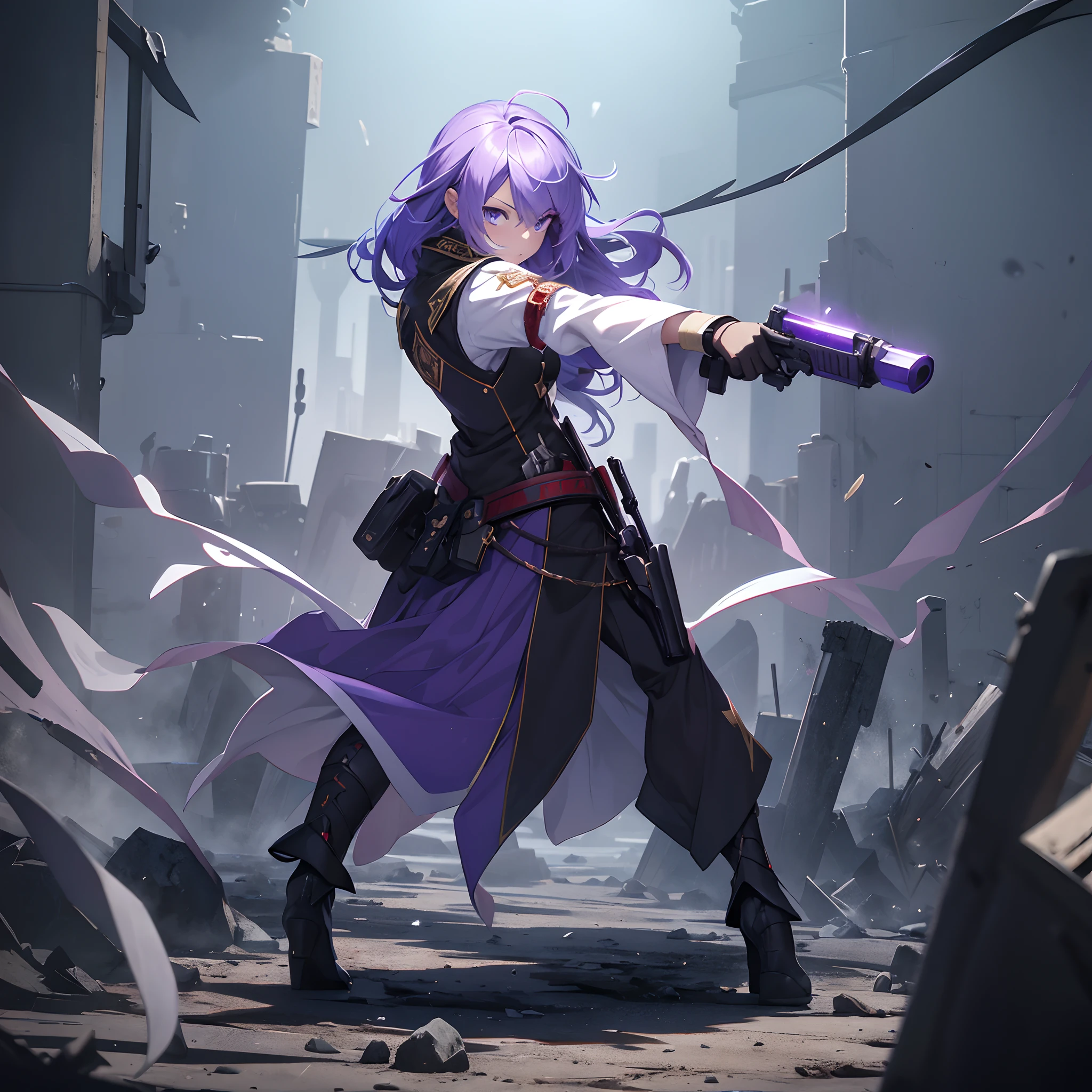 （Religious Priesthood）、Full body depiction、（Stand on a devastated battlefield）、Standing alone、（（infp young woman））、semi long hair、Sharp eyes、（Veteran Hero）、The ultra -The high-definition、（（Sisters Costume））、Handguns in both hands、inner colored、purple color  hair、Blue eyes、（Glaring at the other person）、（ambush）