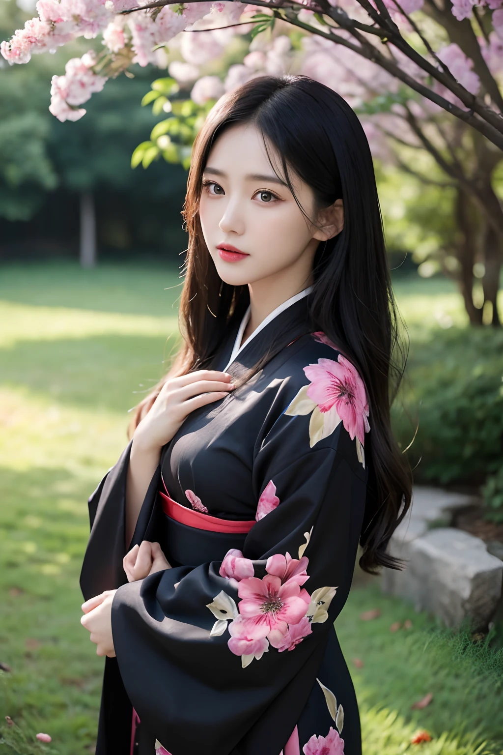 （black kimono：1.2），（japanses clothes：1.2），（Estampados florales），（longer sleeves），1个Giant Breast Girl，A half body，（Long hair），（realisticlying：1.7），（（best qualtiy）），absurderes，（超高分辨率），（realisticlying：1.6），realisticlying，rendering by octane，（Hyper-realistic：1.2），（photorealiscic face：1.2），（8K），（4K），（tmasterpiece），（realistic skin textures），（illustratio，cinmatic lighting，Wallpapers），（beautidful eyes：1.2），（s the perfect face））），（adolable），（standing on your feet），Redlip，exteriors，（Japanese-style countryside），