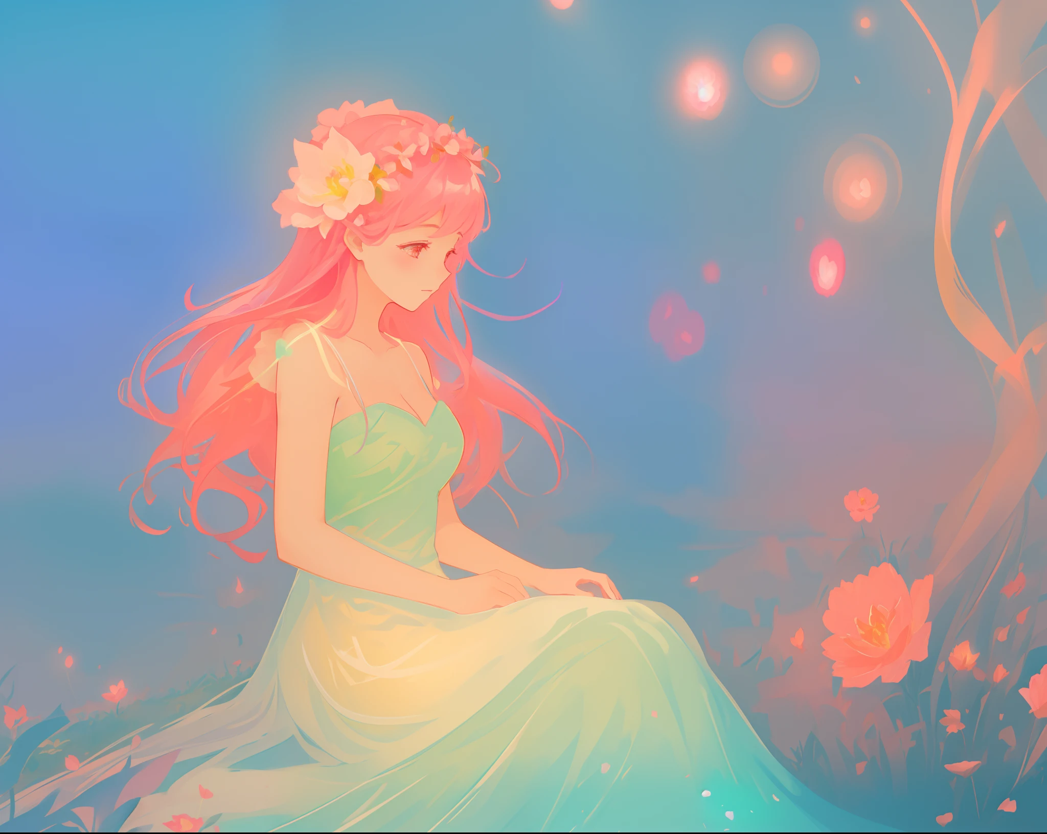 beautiful girl in white dress, fairy dress, beautiful girl sitting in a field with pink red flowers, glowing lights, whimsical landscape, long pink flowing hair, watercolor illustration, inspired by Glen Keane, inspired by Lois van Baarle, disney art style, by Lois van Baarle, glowing aura around her, by Glen Keane, jen bartel, glowing lights! digital painting, flowing glowing hair, glowing flowing hair, beautiful digital illustration, fantasia otherworldly landscape plants flowers, beautiful, masterpiece, best quality, anime disney style