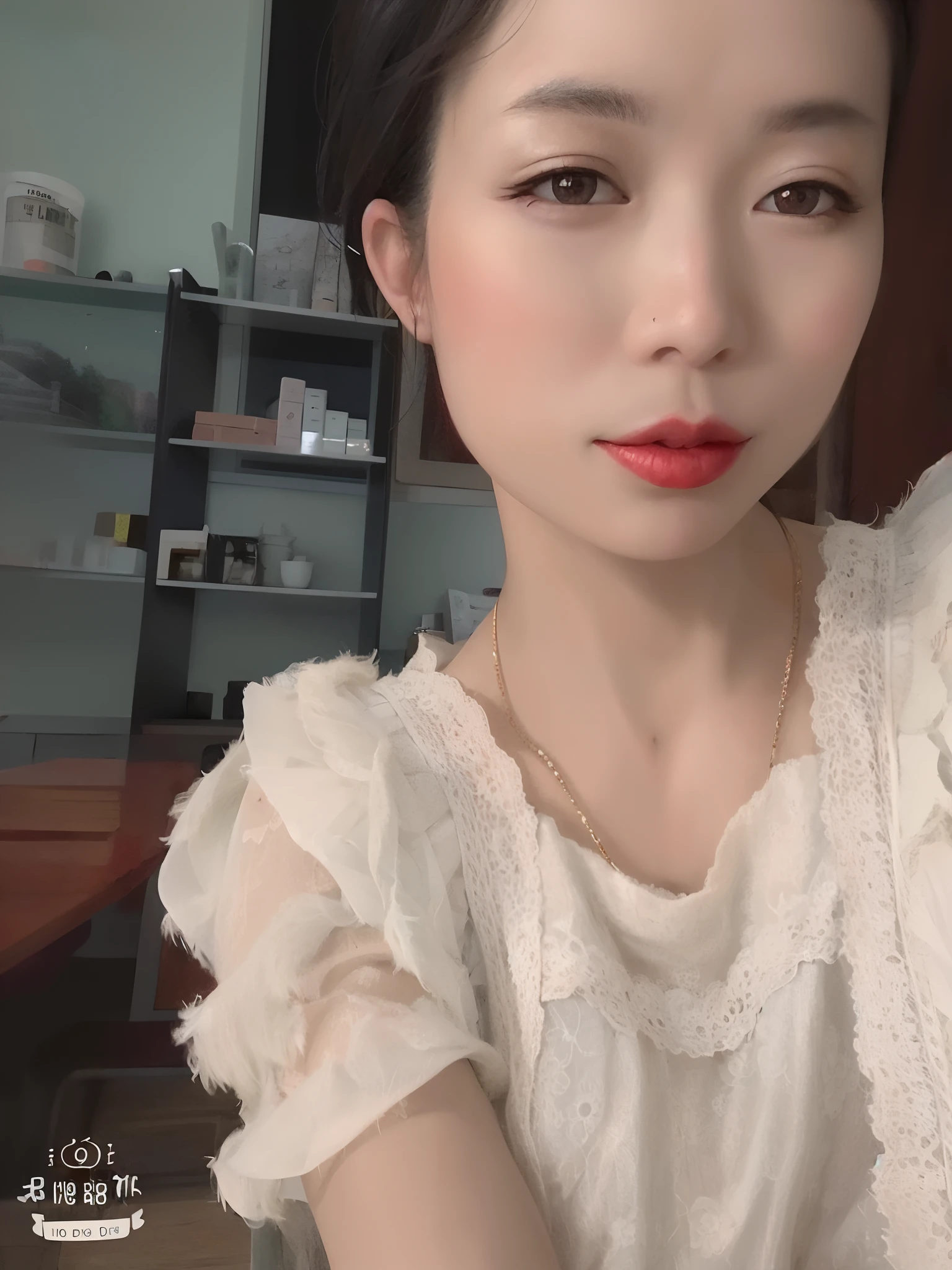 there is a woman with a red lipstick posing for a picture, faint red lips, dang my linh, both have red lips, red lips, light-red lips, with very thin lips, small and thick red lips, big red lips, profile image, mai anh tran, in style of lam manh, thick red lips, red lipstick on face