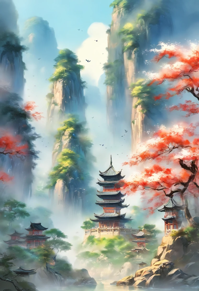 fenghuang，(Flying Phoenix:1.5)，chinesedragon，Dutch Golden Age painting, Fuji colors, Sparkle, Blurry, fading border, round corners, partial underwater shot, Masterpiece, Award-Awarded, A high resolution, 1080p, 8K,in a red dream world, A beautiful artwork illustration, There is a red poster，topmost(The castle is suspended in space:1.5),There are pictures of pagodas and flowers